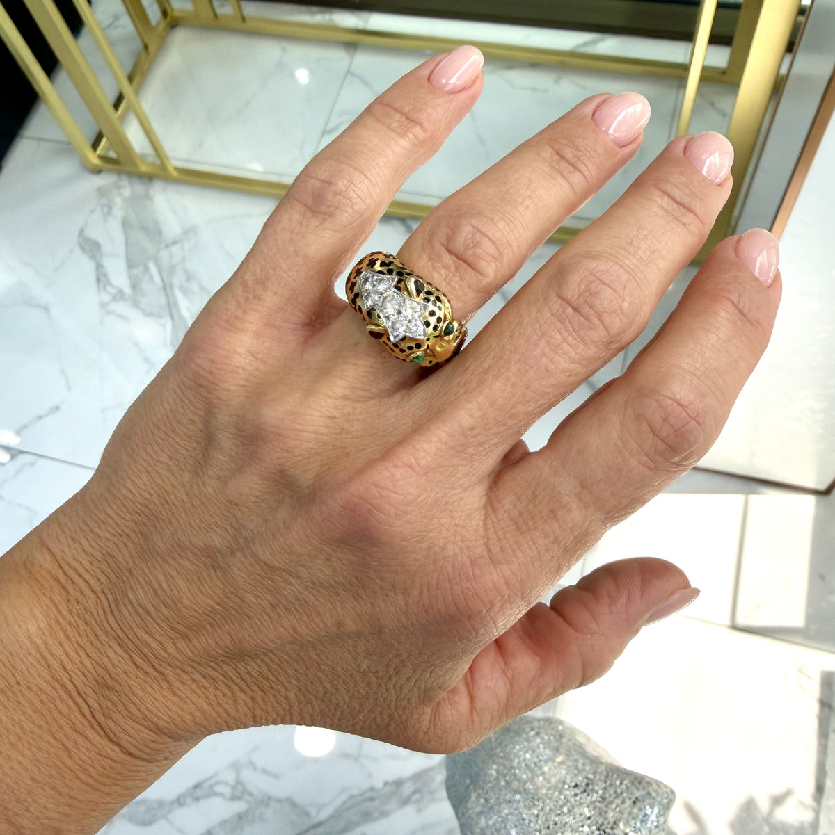 David Webb 18K Yellow Gold & Platinum Leopard Looped Tail Diamond Cocktail Ring