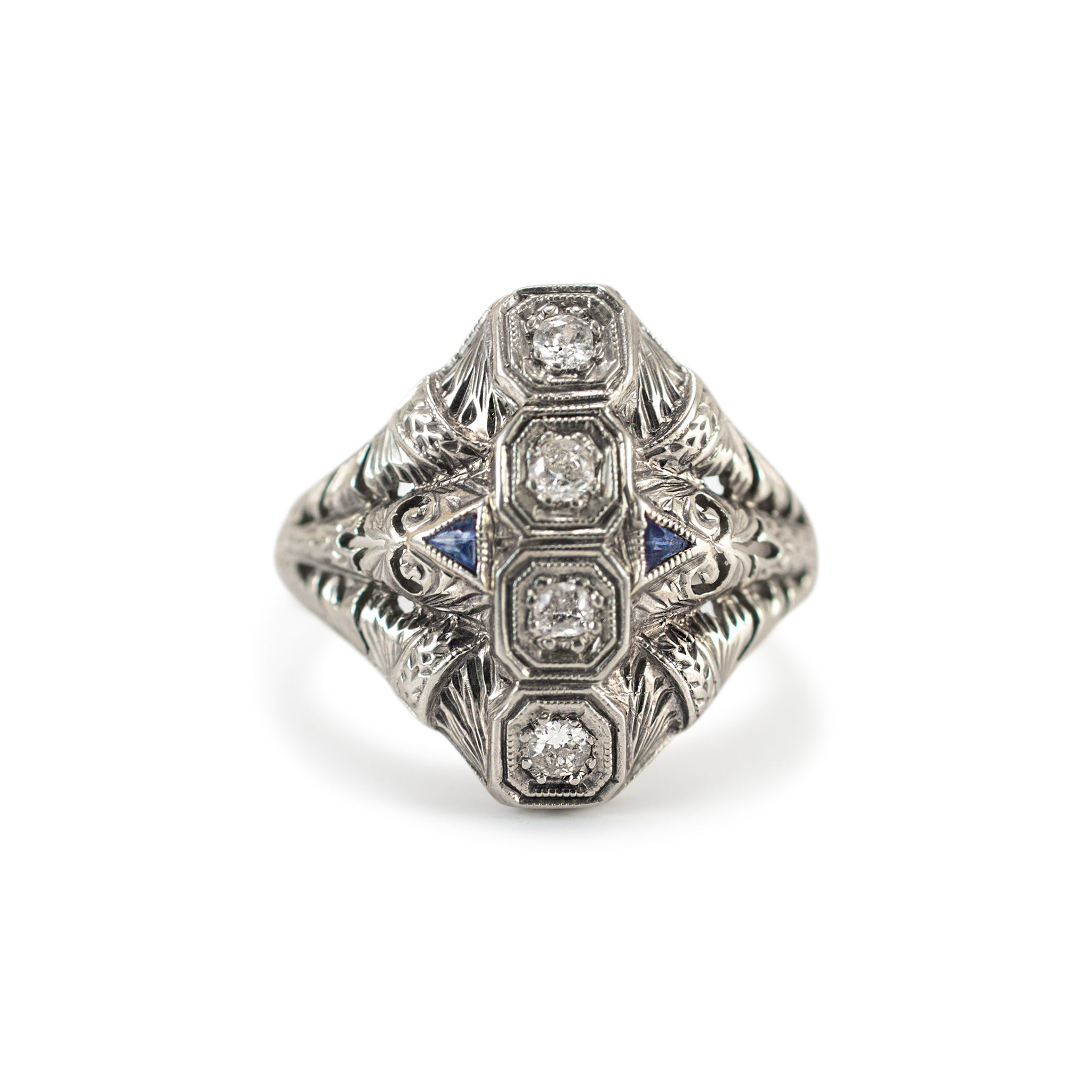 Antique Art Deco Filigreed 18K White Gold Four Diamond Sapphire Cocktail Ring