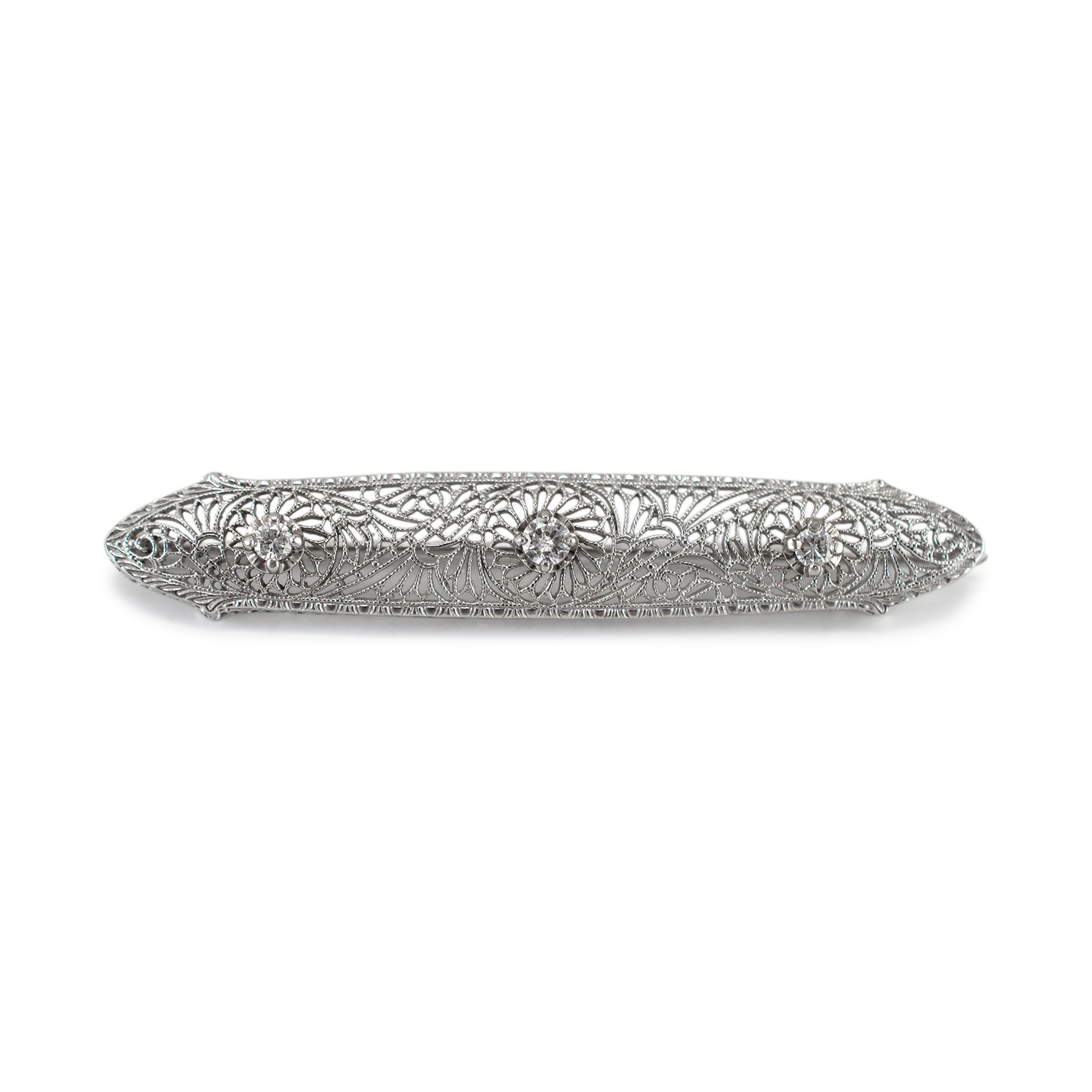 Ladies Antique 14K White Gold Natural Round Diamond Filigree Brooch
