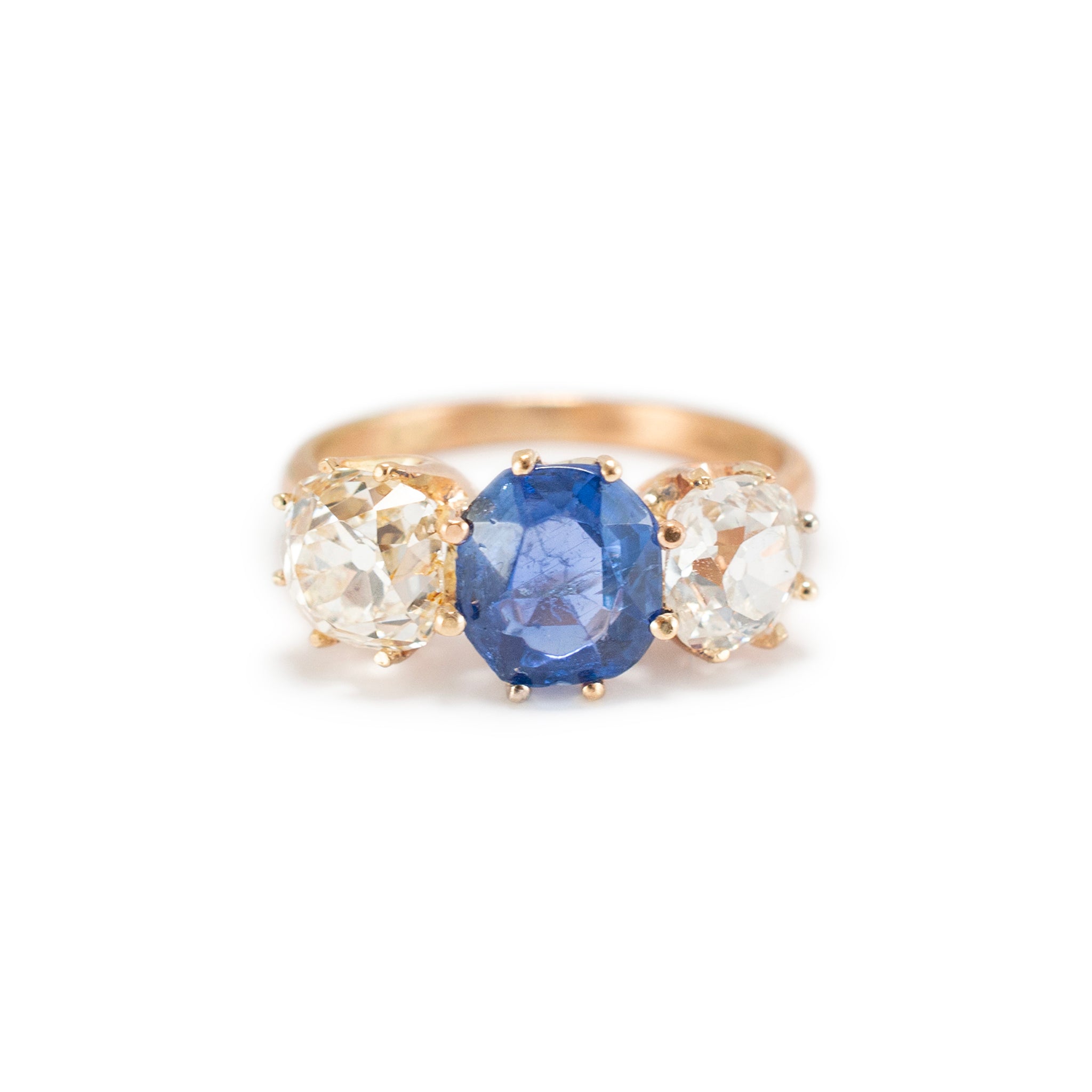 Antique 14K Yellow Gold Oval Burma Sapphire Three Stone Diamond Cocktail Ring
