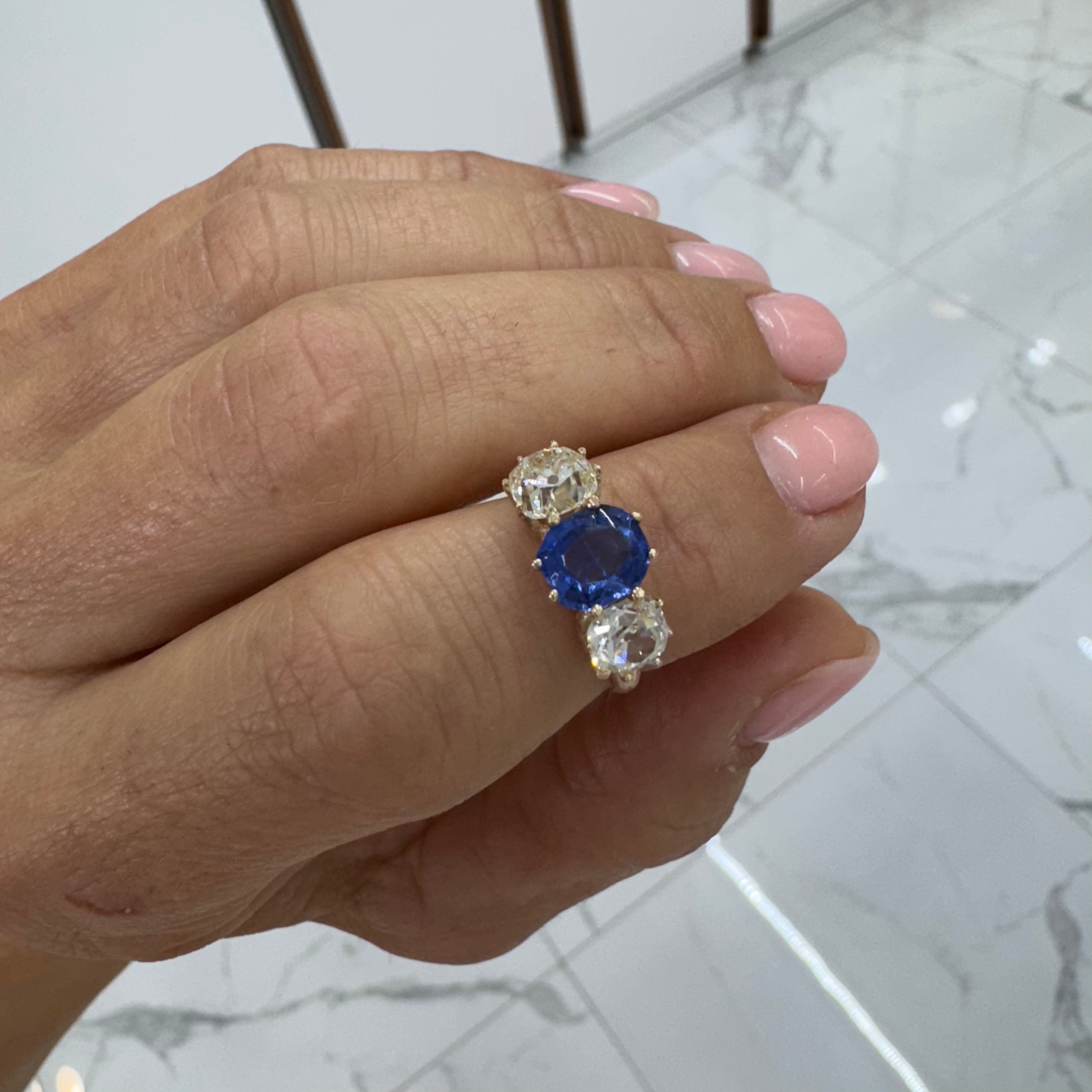 Antique 14K Yellow Gold Oval Burma Sapphire Three Stone Diamond Cocktail Ring