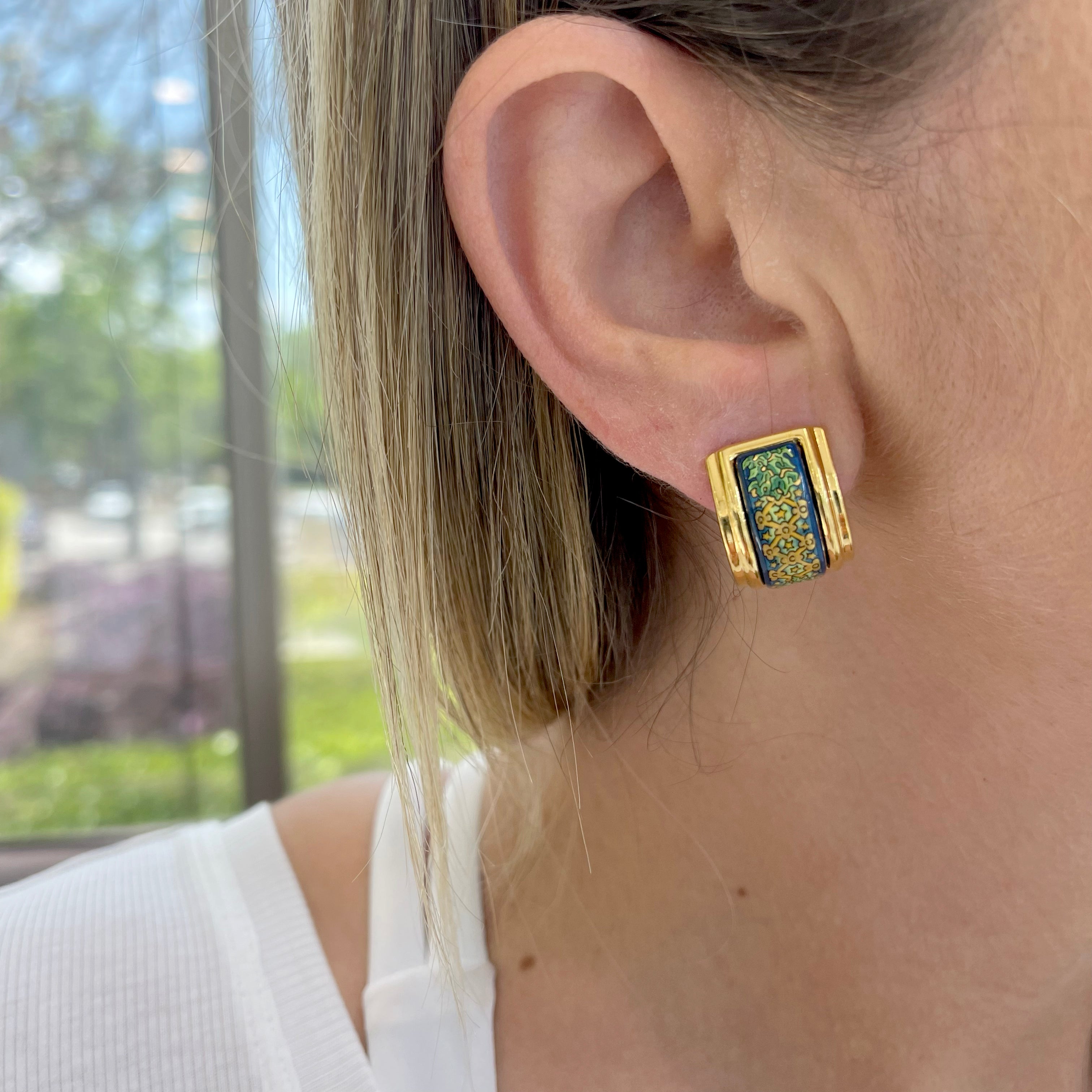 Vintage Gold Plated Authentic Hermès Colorful Enamel Clip On Earrings