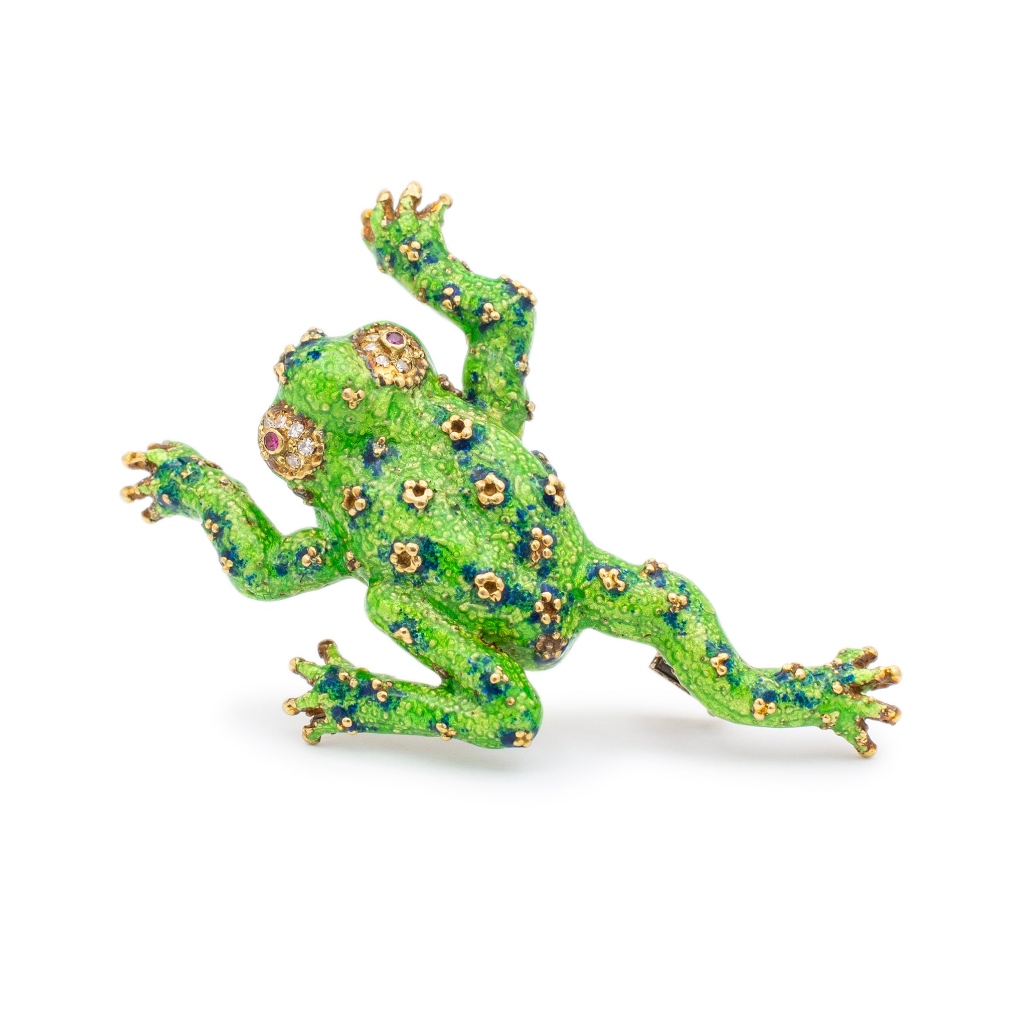 Merrin Vintage 18K Yellow Gold Ruby & Diamond Frog Enamel Brooch / Pin