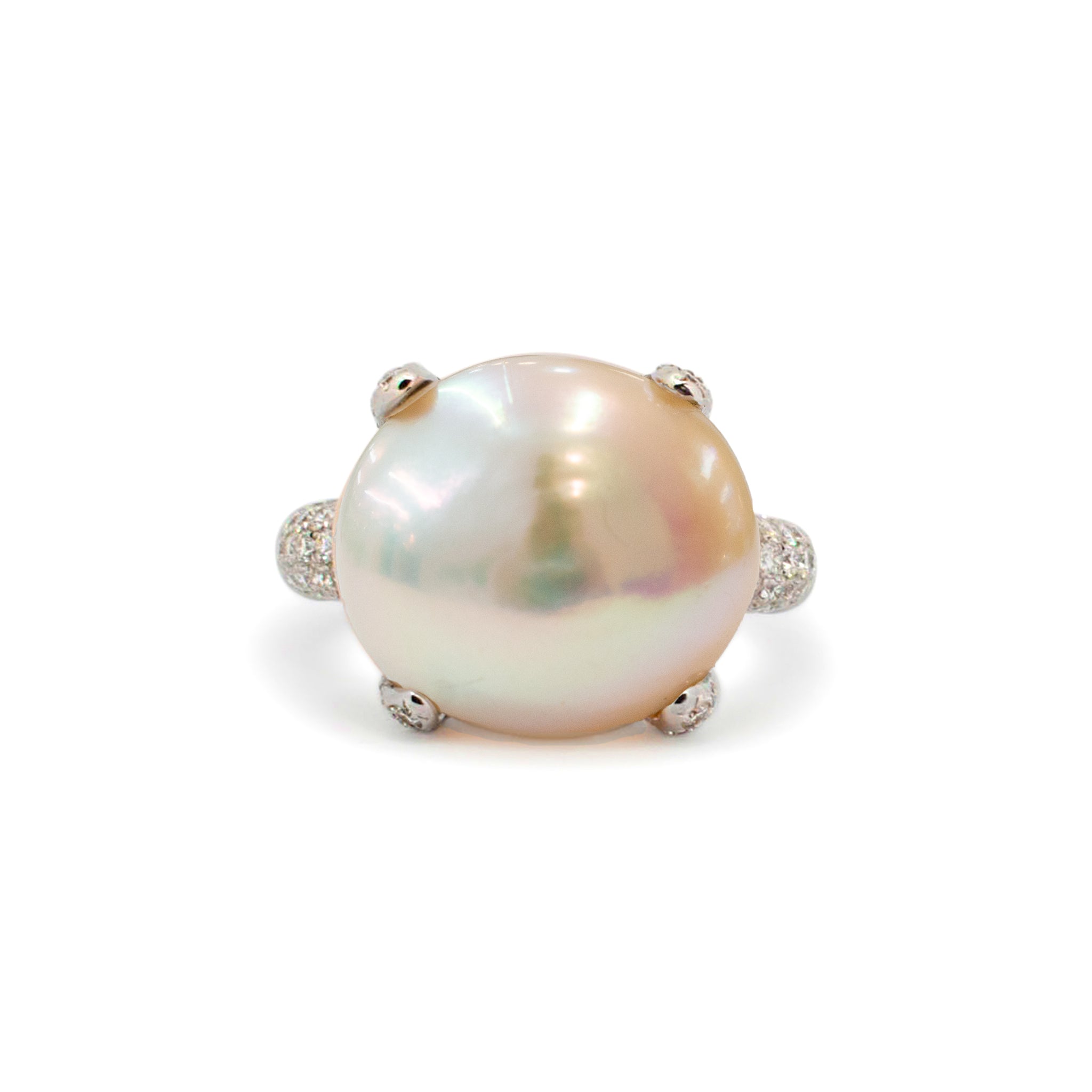 Ladies Vintage 18K White Gold Pearl & Diamonds Cocktail Ring
