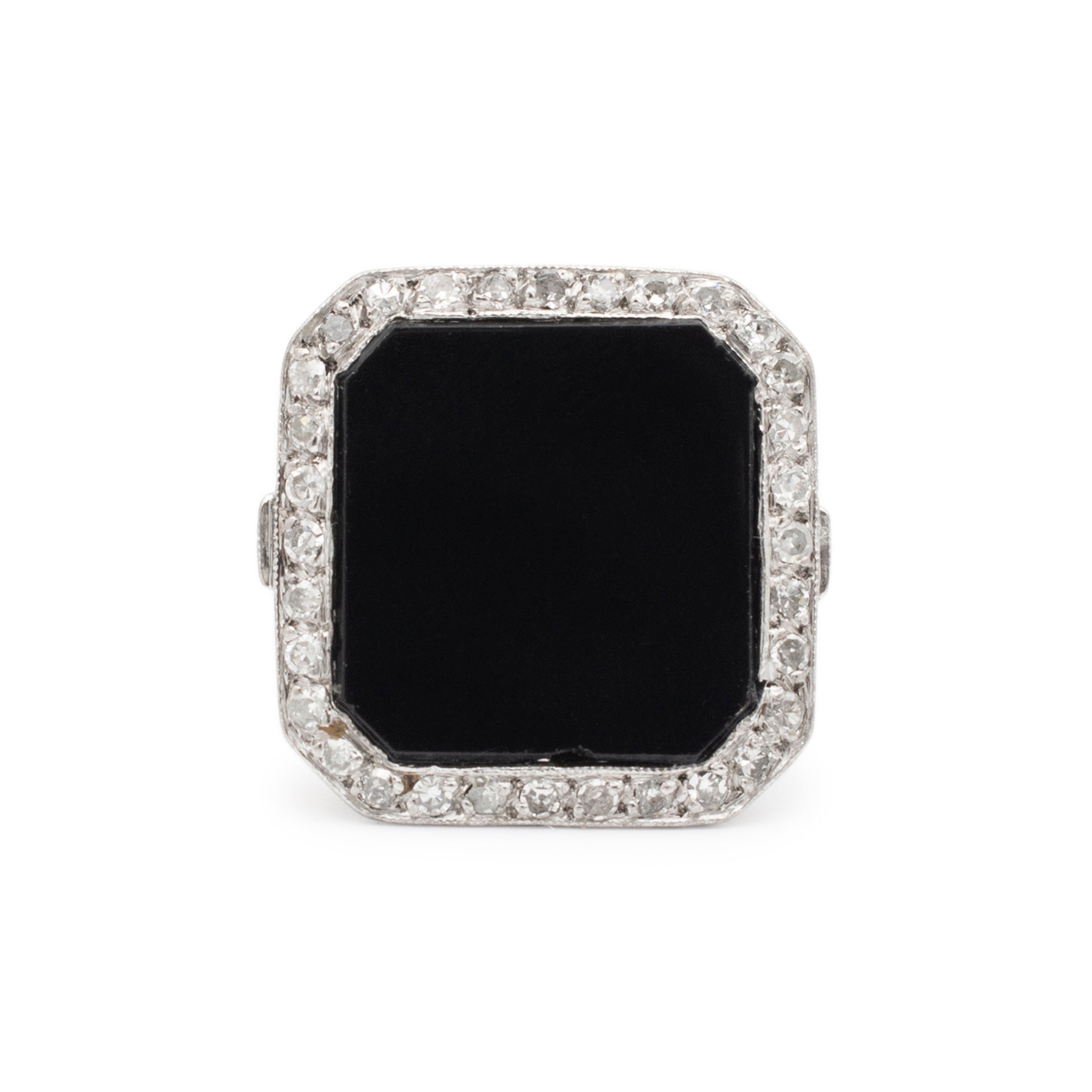 Ladies Antique Mixed Metals Silver Palladium and Rhodium Square Onyx Halo Diamond Cocktail Ring
