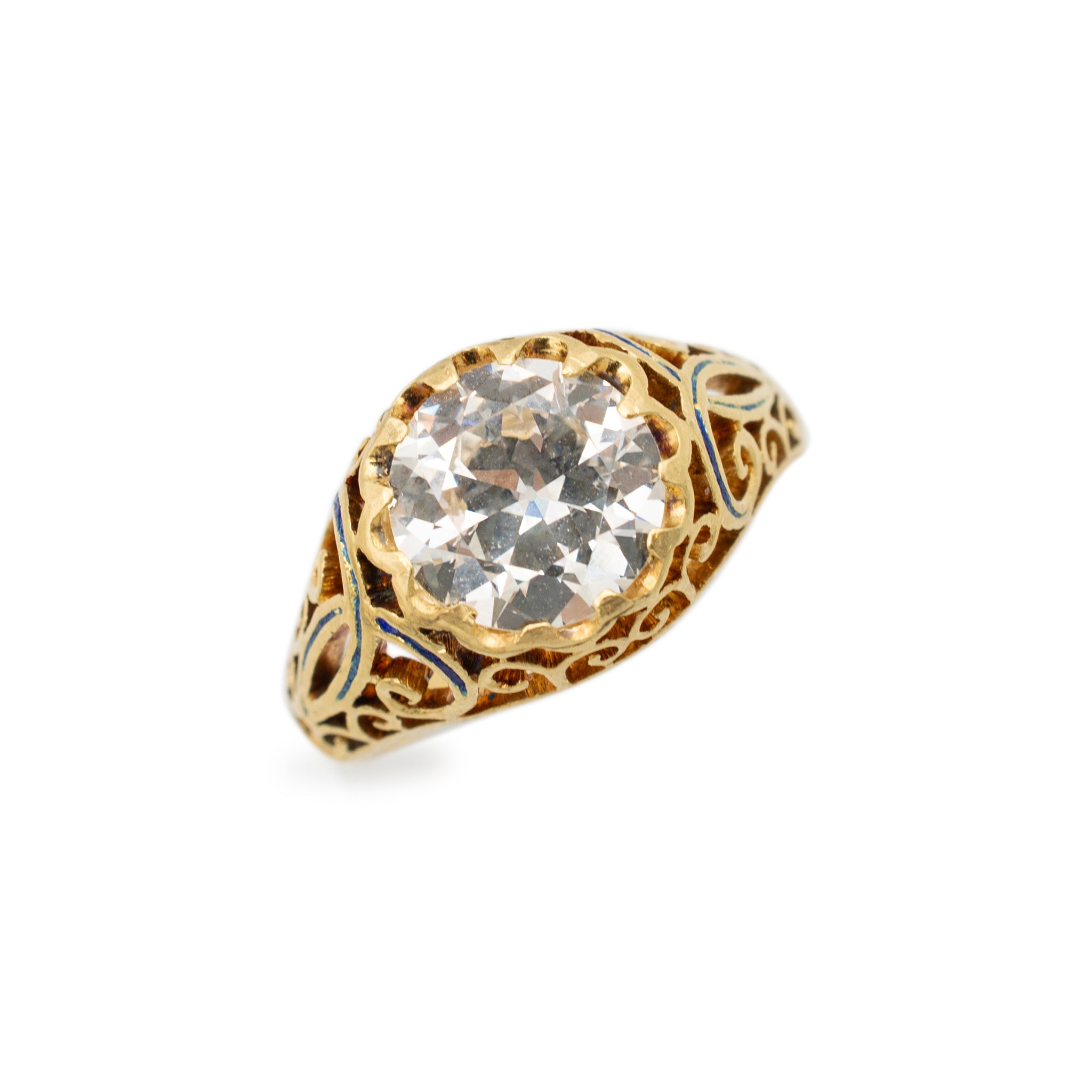 Ladies Antique Victorian 18K Yellow Gold GIA 2.03CT Old European Filigreed Enamel Engagement Ring