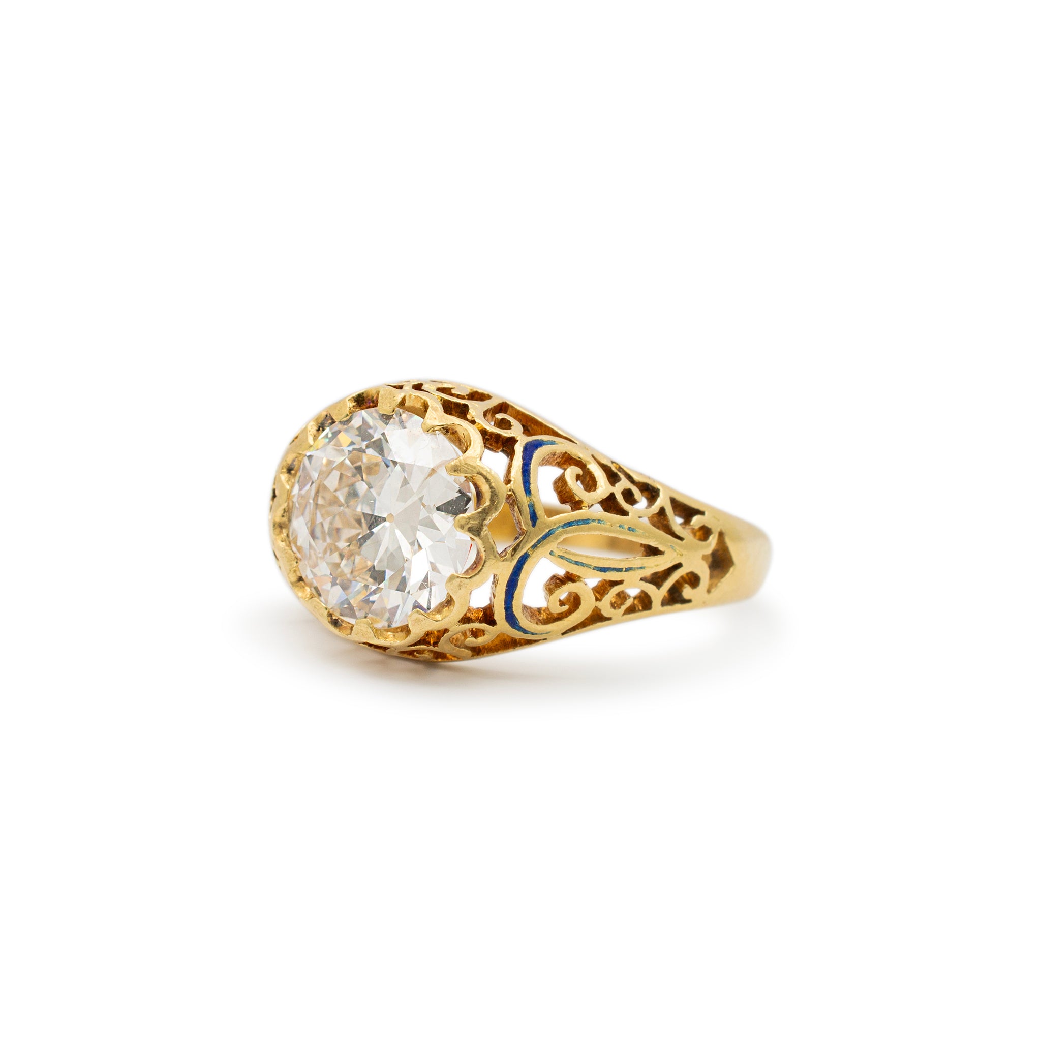Ladies Antique Victorian 18K Yellow Gold GIA 2.03CT Old European Filigreed Enamel Engagement Ring