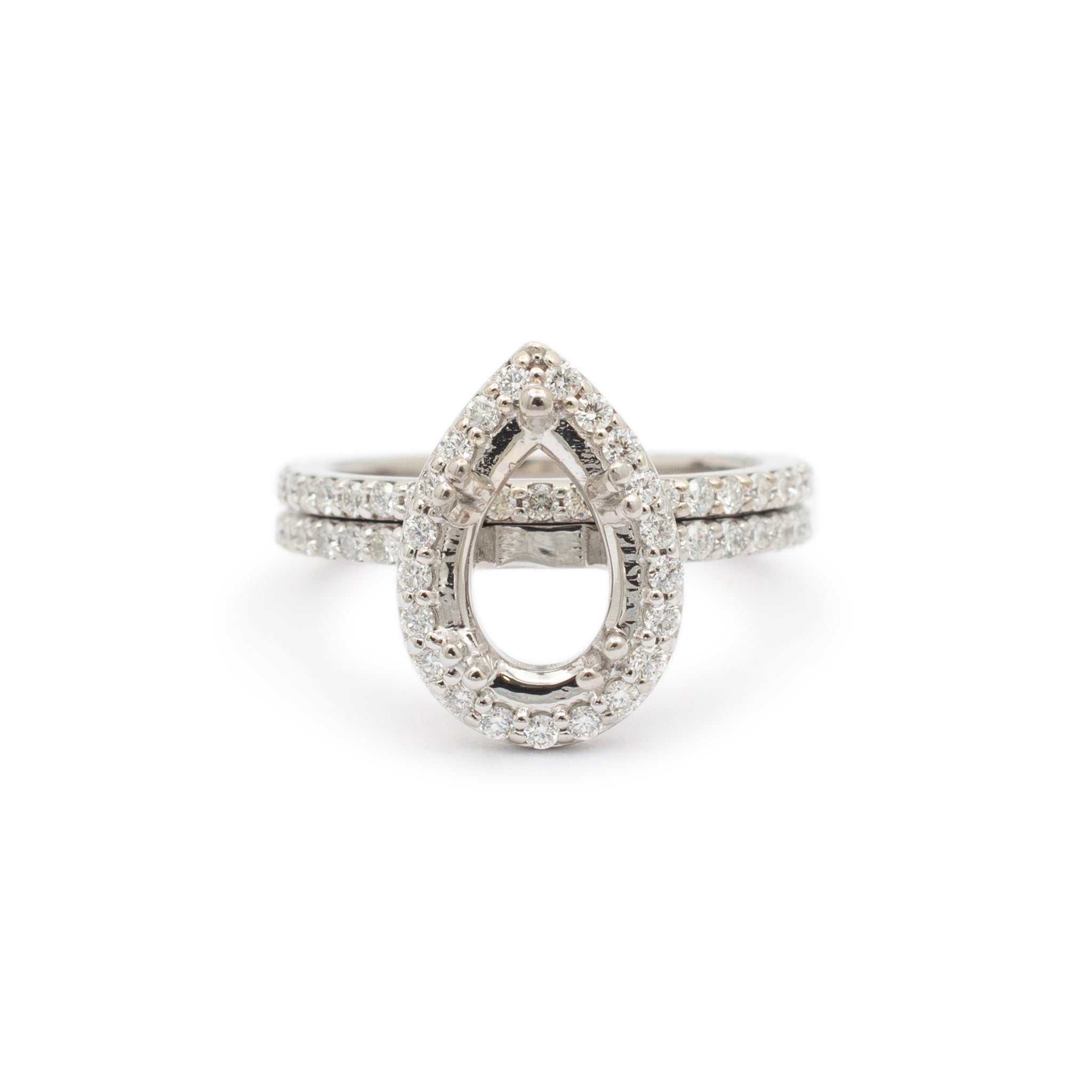 Ladies 14K White Gold Pear Shaped Halo Diamond Semi Mount Engagement Ring