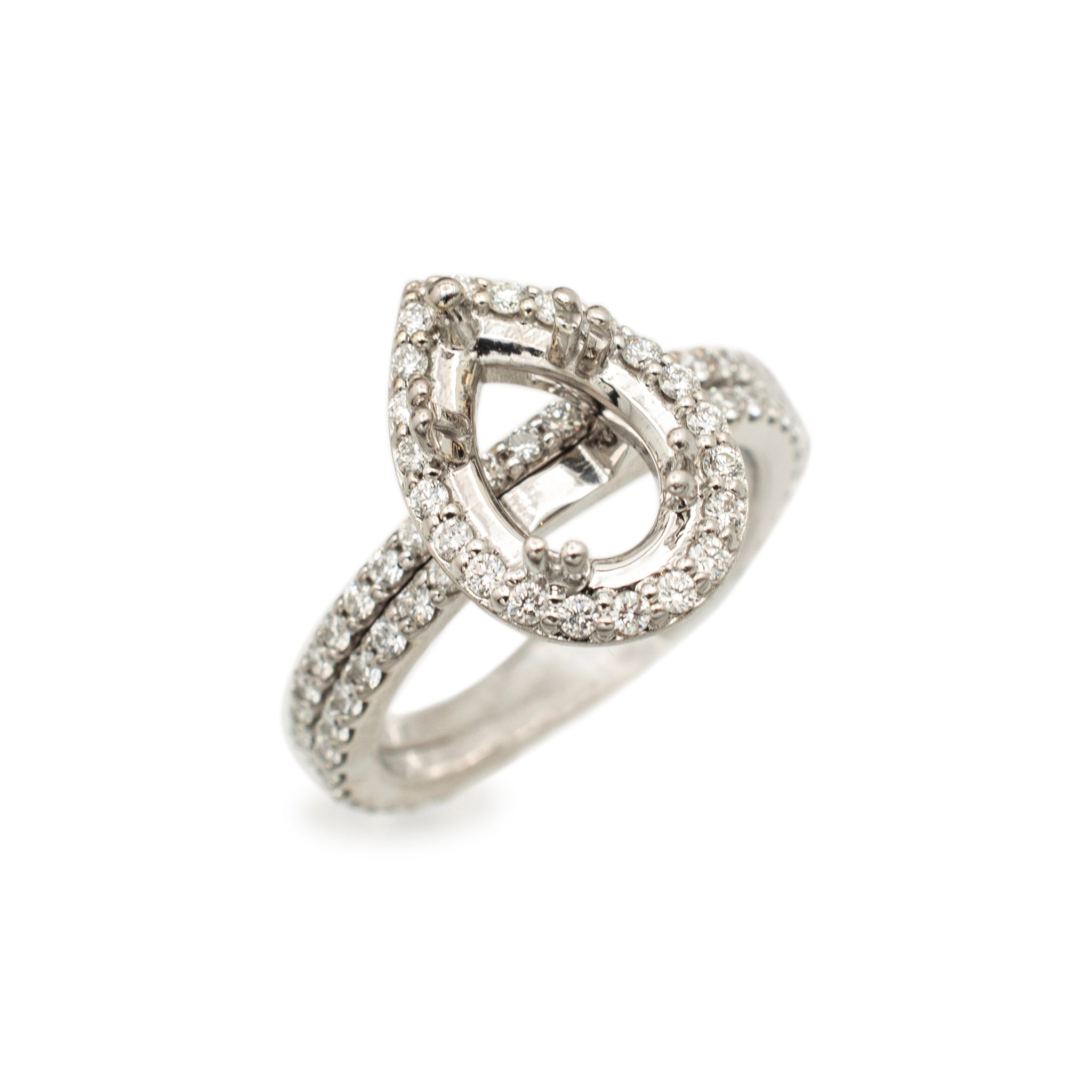 Ladies 14K White Gold Pear Shaped Halo Diamond Semi Mount Engagement Ring