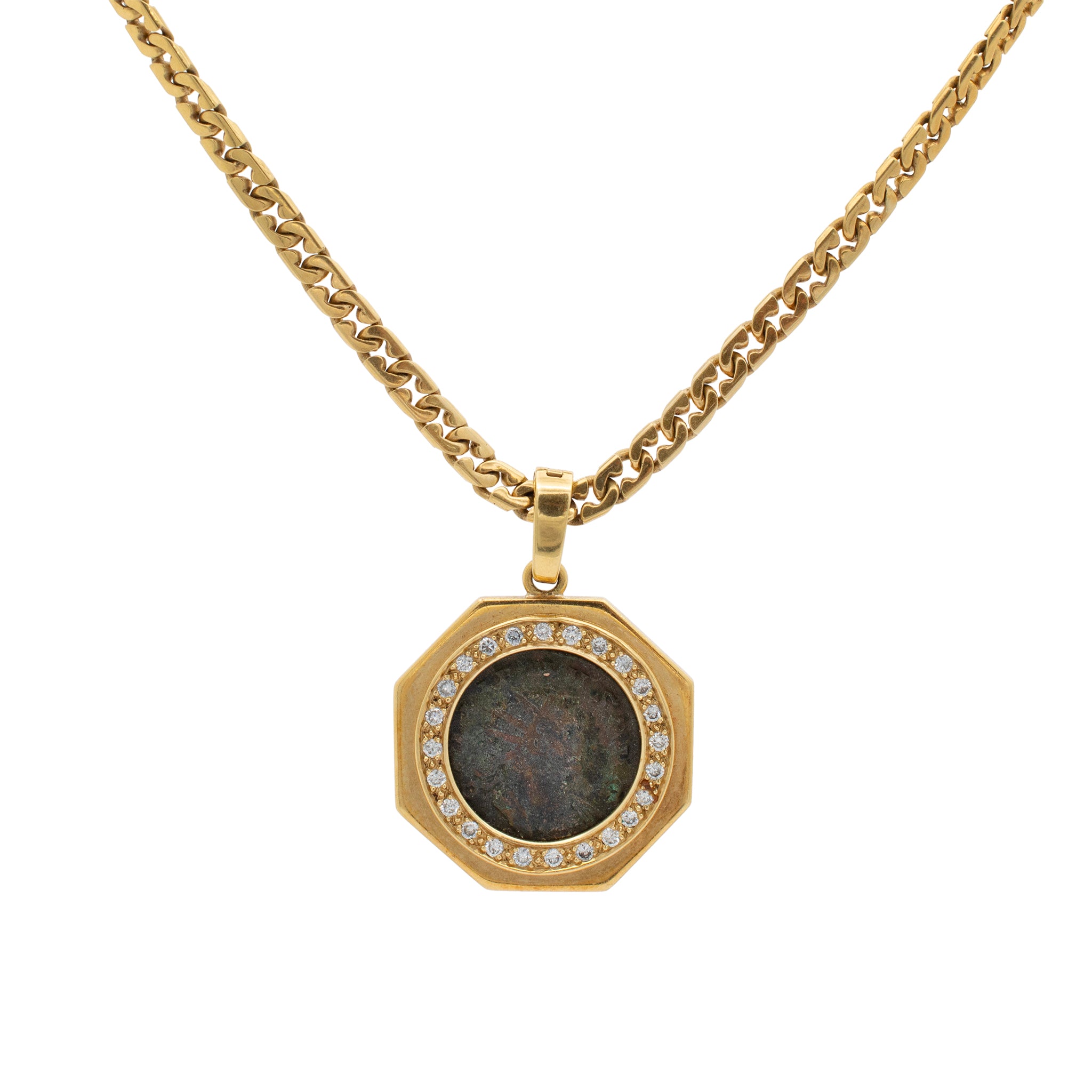 Vintage 18K Yellow Gold Ancient Coin Halo Diamond Razor Link Pendant Necklace