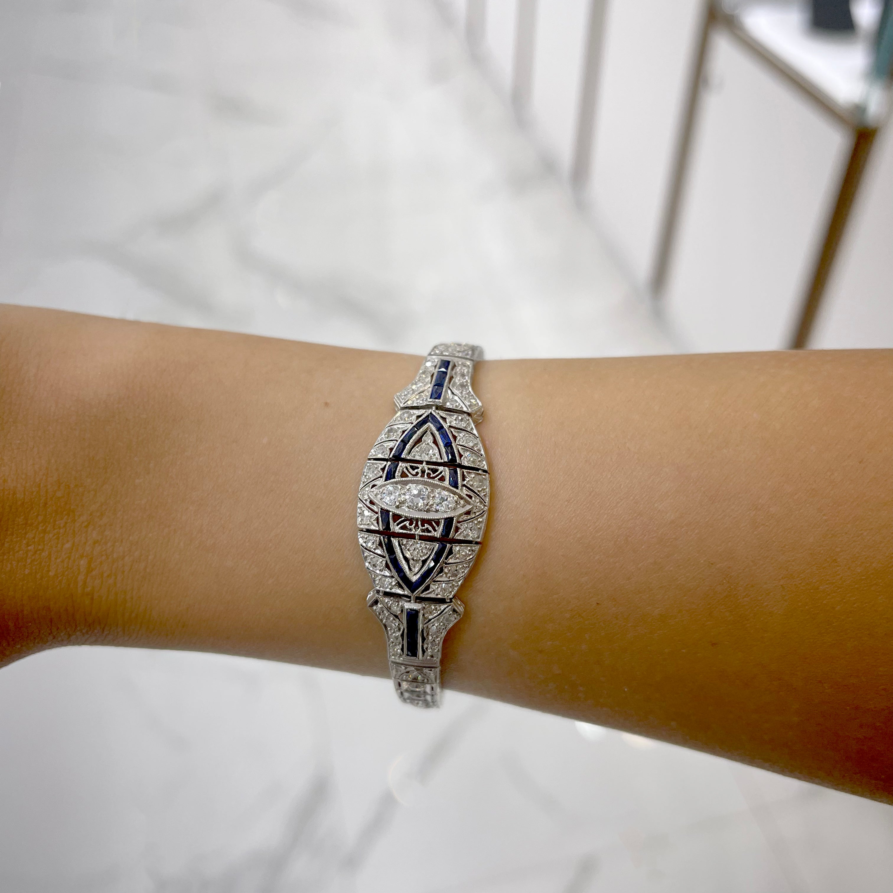Antique Art Deco Platinum Diamonds Sapphires Cocktail Link Bracelet