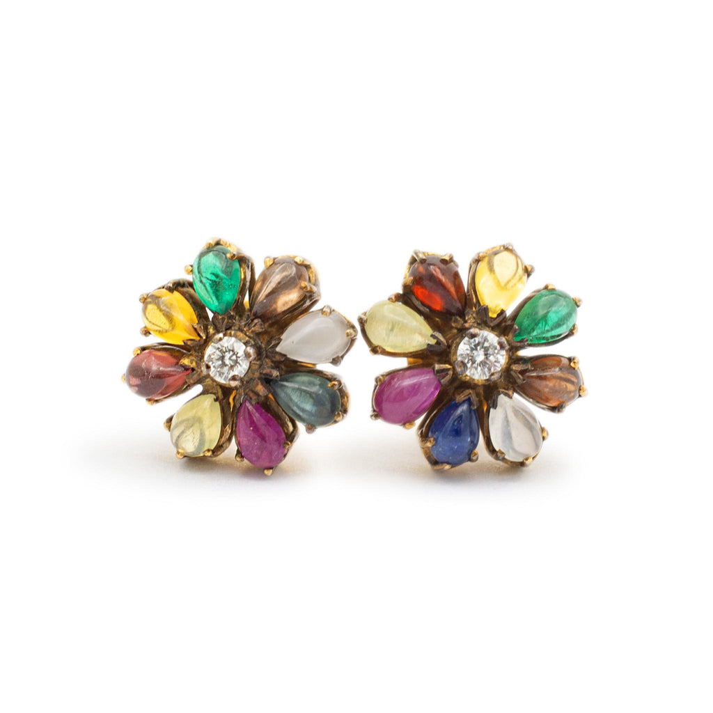 Vintage Ladies 18K Yellow Gold Diamond & Multi Gem Flower Stud Earrings