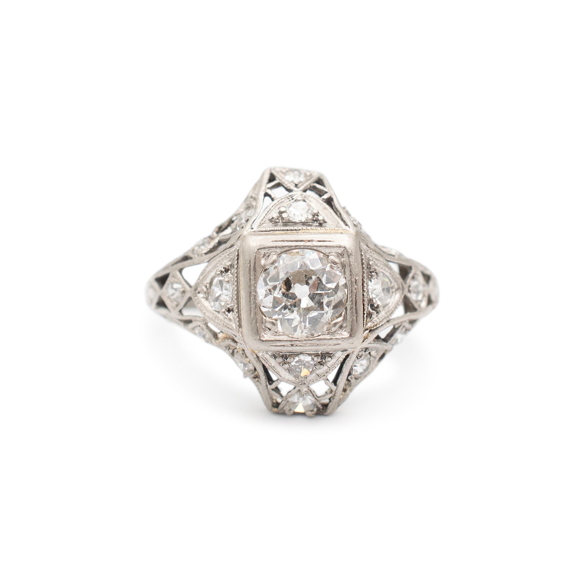 Ladies Antique Art Deco Filigreed Platinum Old European Diamond Engagement Ring