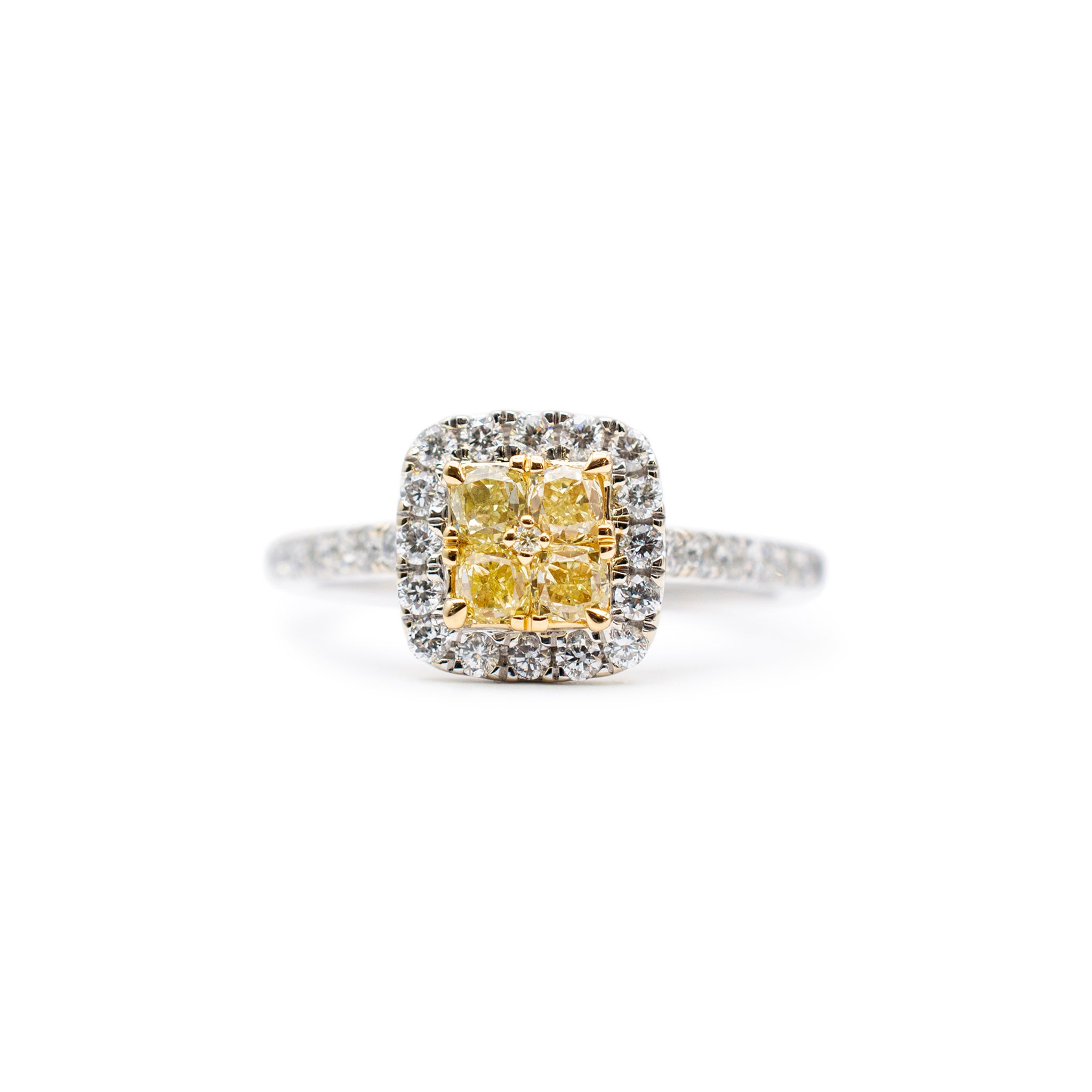 Ladies 14K White Gold Fancy Light Yellow Cushion Halo Diamond Engagement Ring
