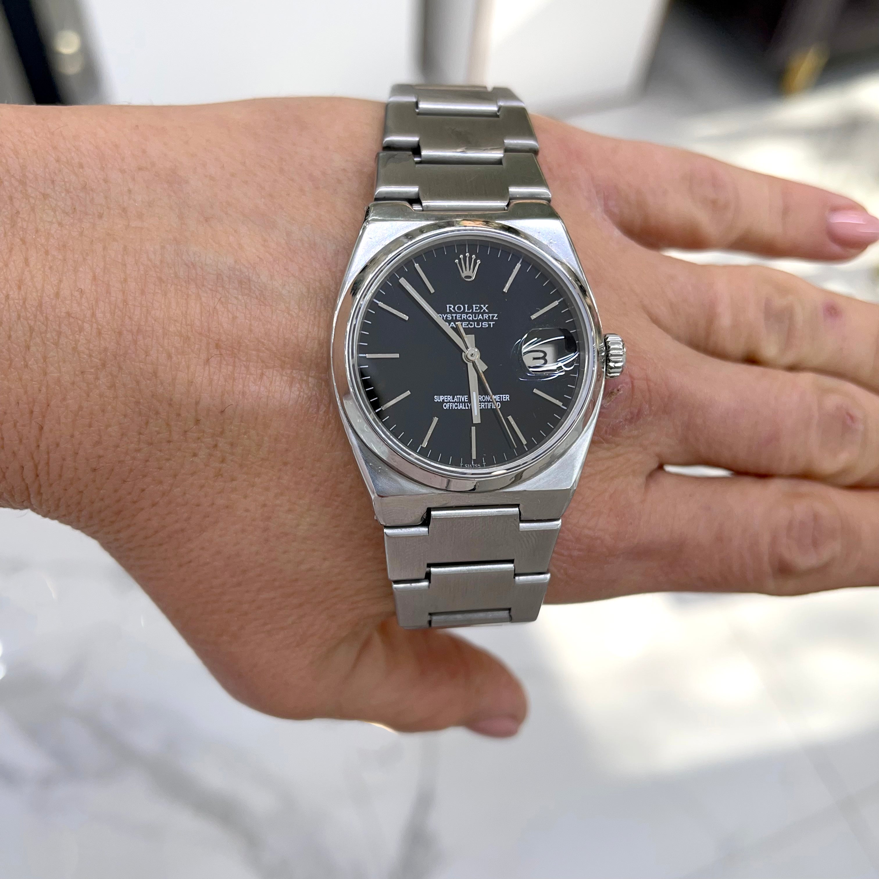 Vintage Rolex Oysterquartz Datejust 36MM 17000 Steel Black Dial Quartz Watch
