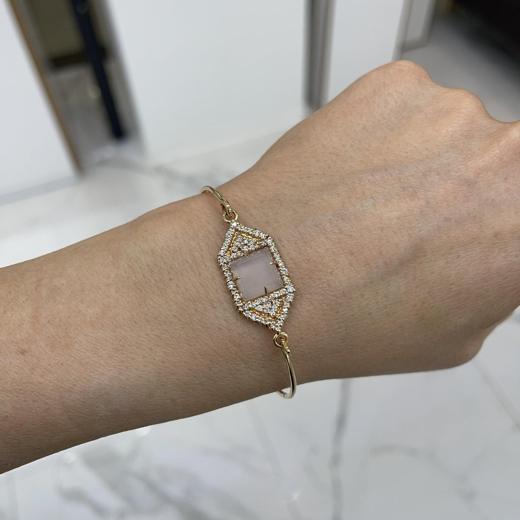 Vintage Ladies 18K Rose Gold Agate Diamond Narrow Hexagon Tag Bangle Bracelet
