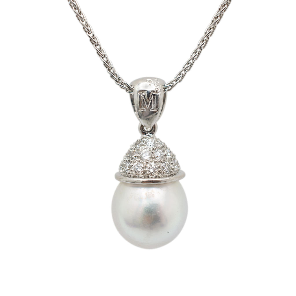 Mikimoto Ladies Platinum White South Sea Cultured Pearl Diamond Pendant Necklace
