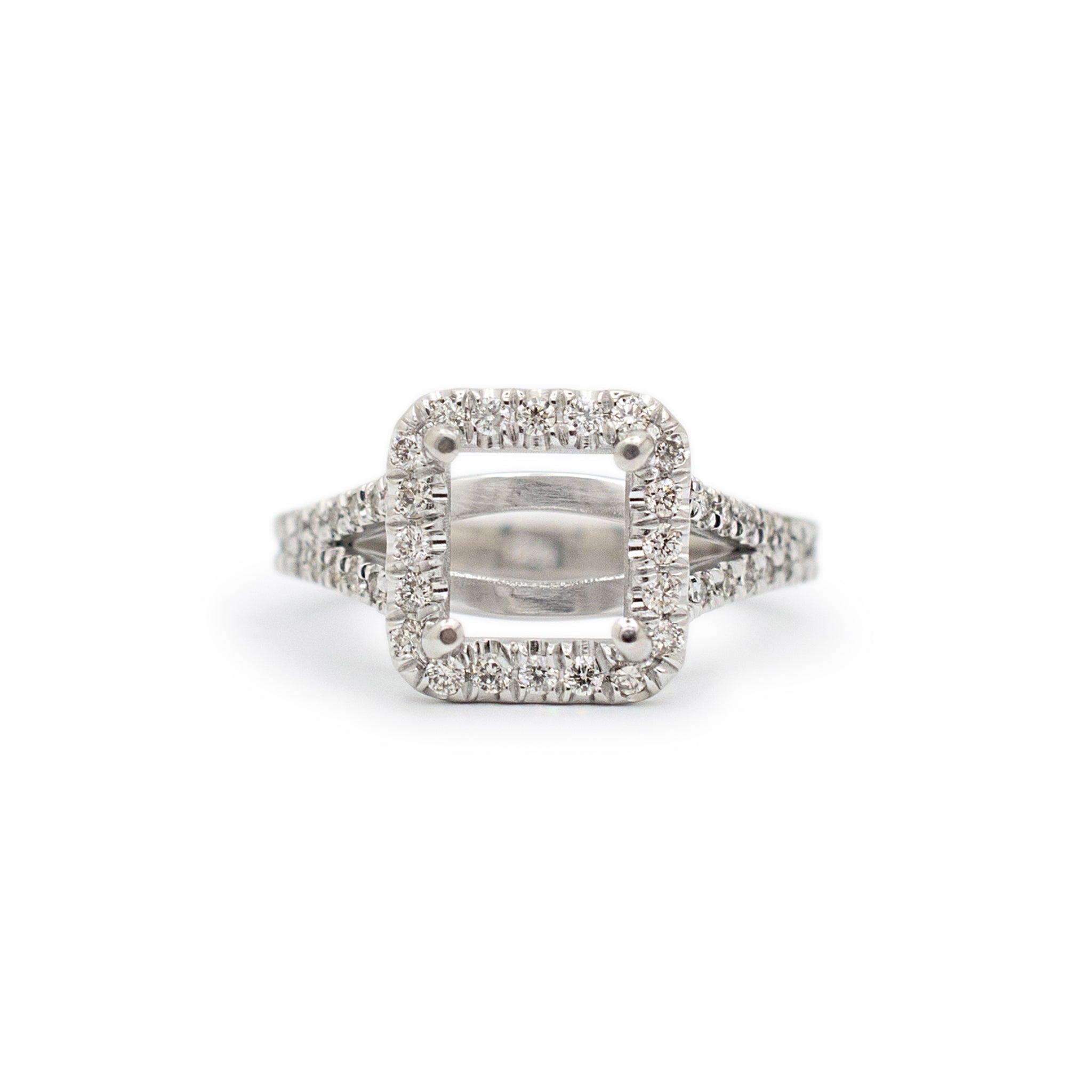 Ladies 18K White Gold Accented Halo Diamond Square Semi Mount Engagement Ring
