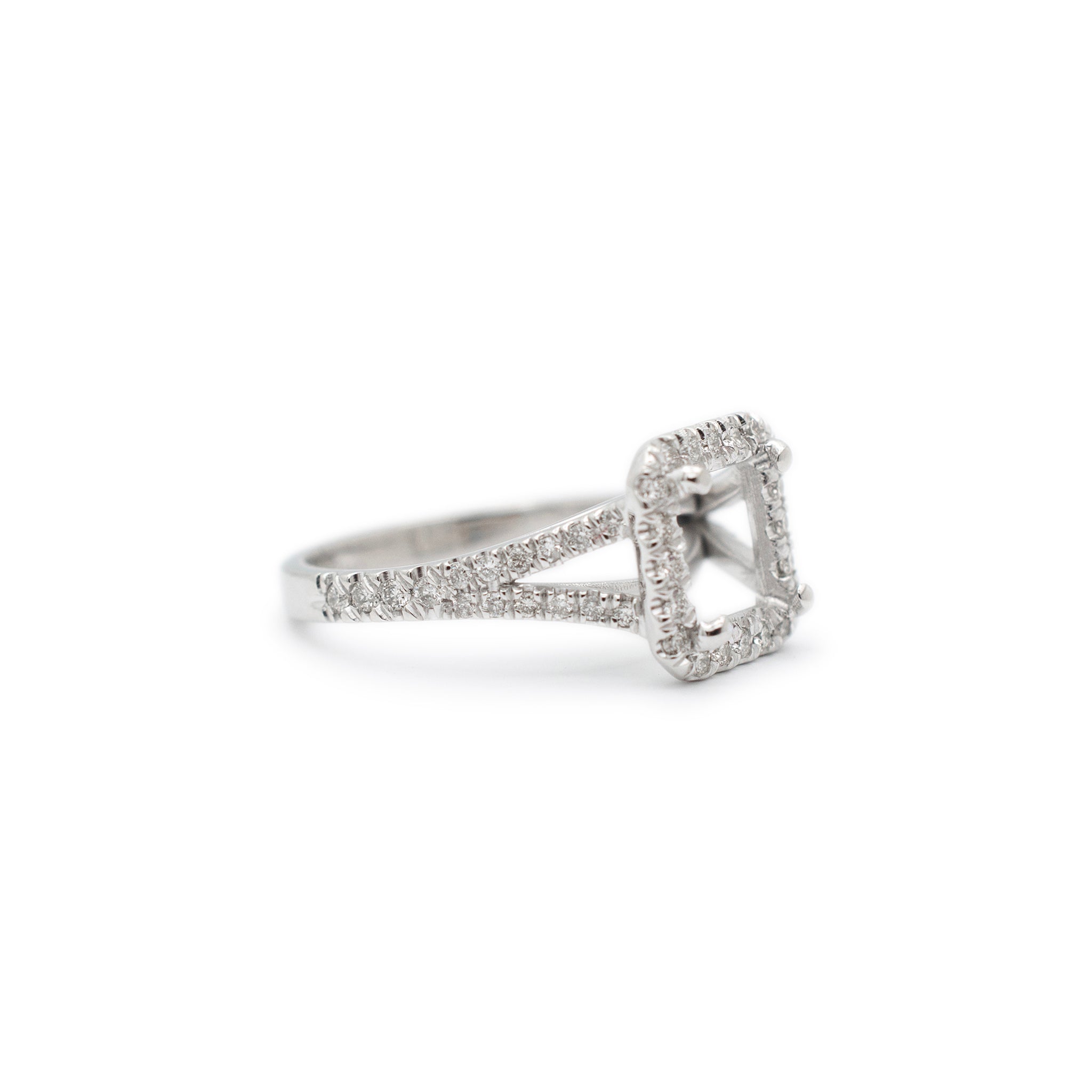 Ladies 18K White Gold Accented Halo Diamond Square Semi Mount Engagement Ring