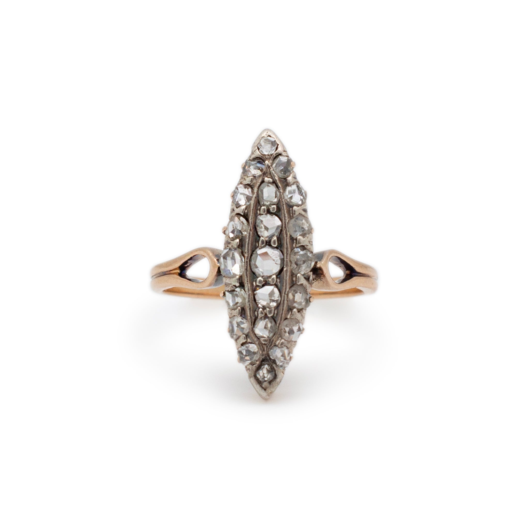Antique Victorian 18K Yellow Gold Marquee Head Rose Cut Diamond Cocktail Navette Ring