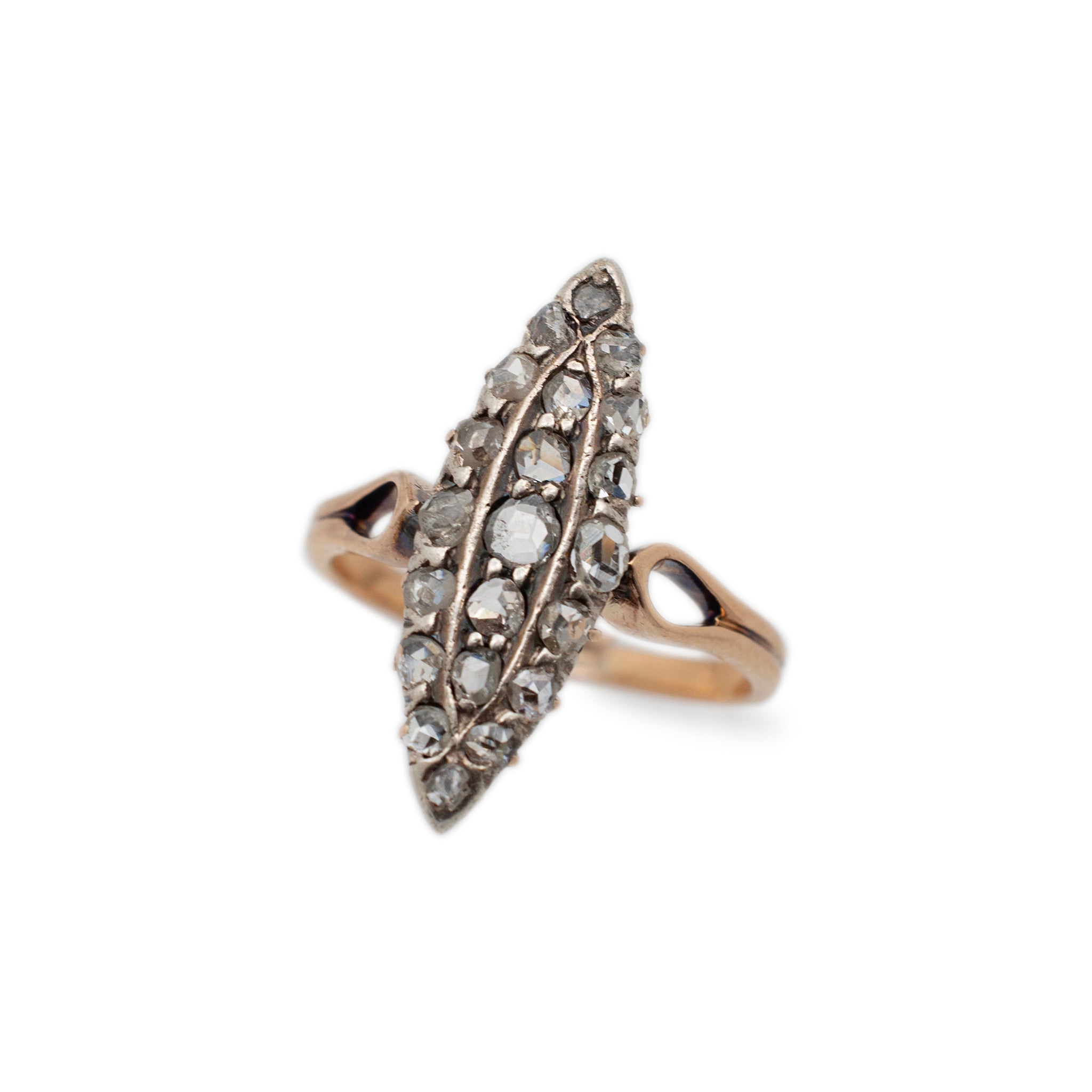 Antique Victorian 18K Yellow Gold Marquee Head Rose Cut Diamond Cocktail Navette Ring