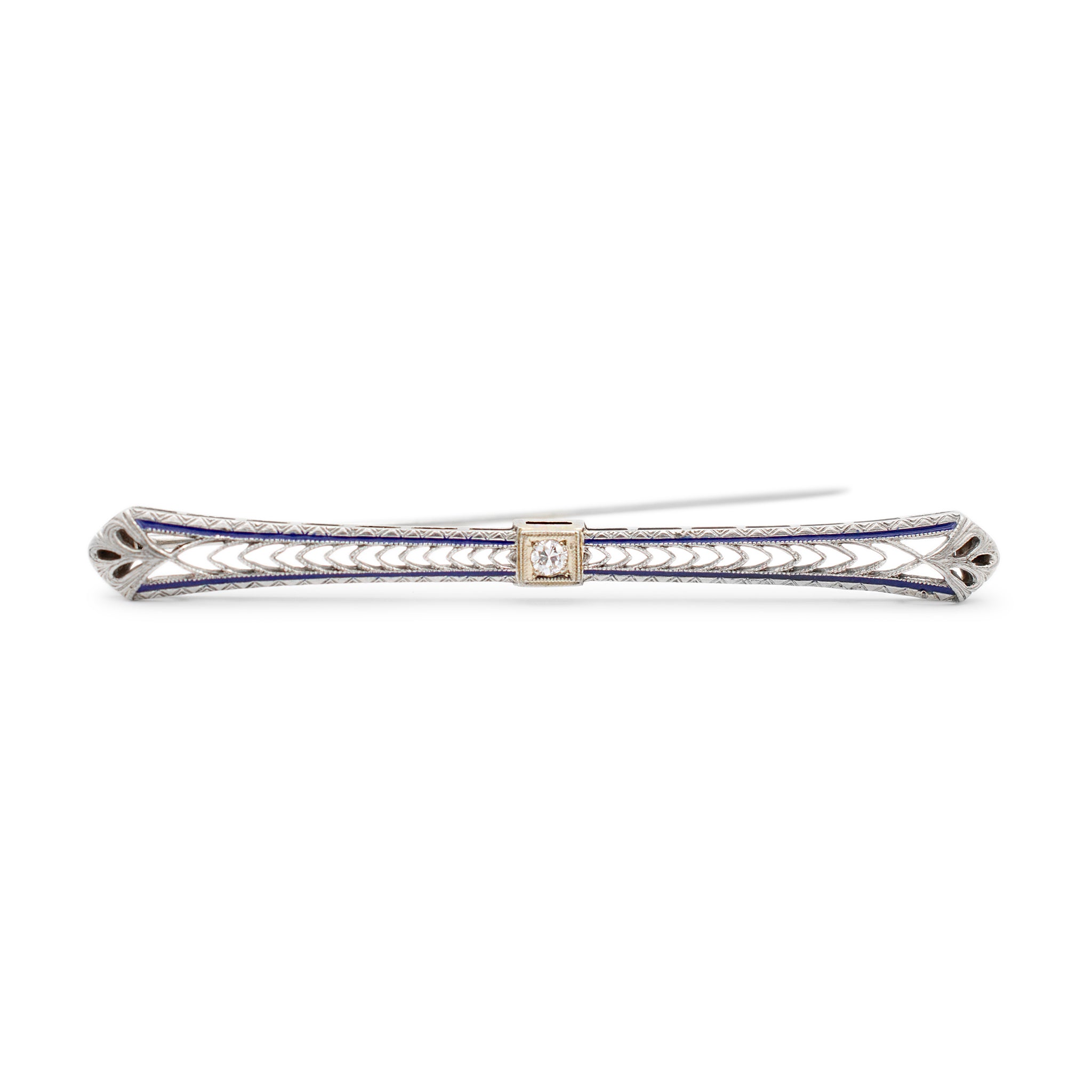 Art Deco 14K White Gold & Platinum Blue Enamel Old European Diamond Bar Brooch