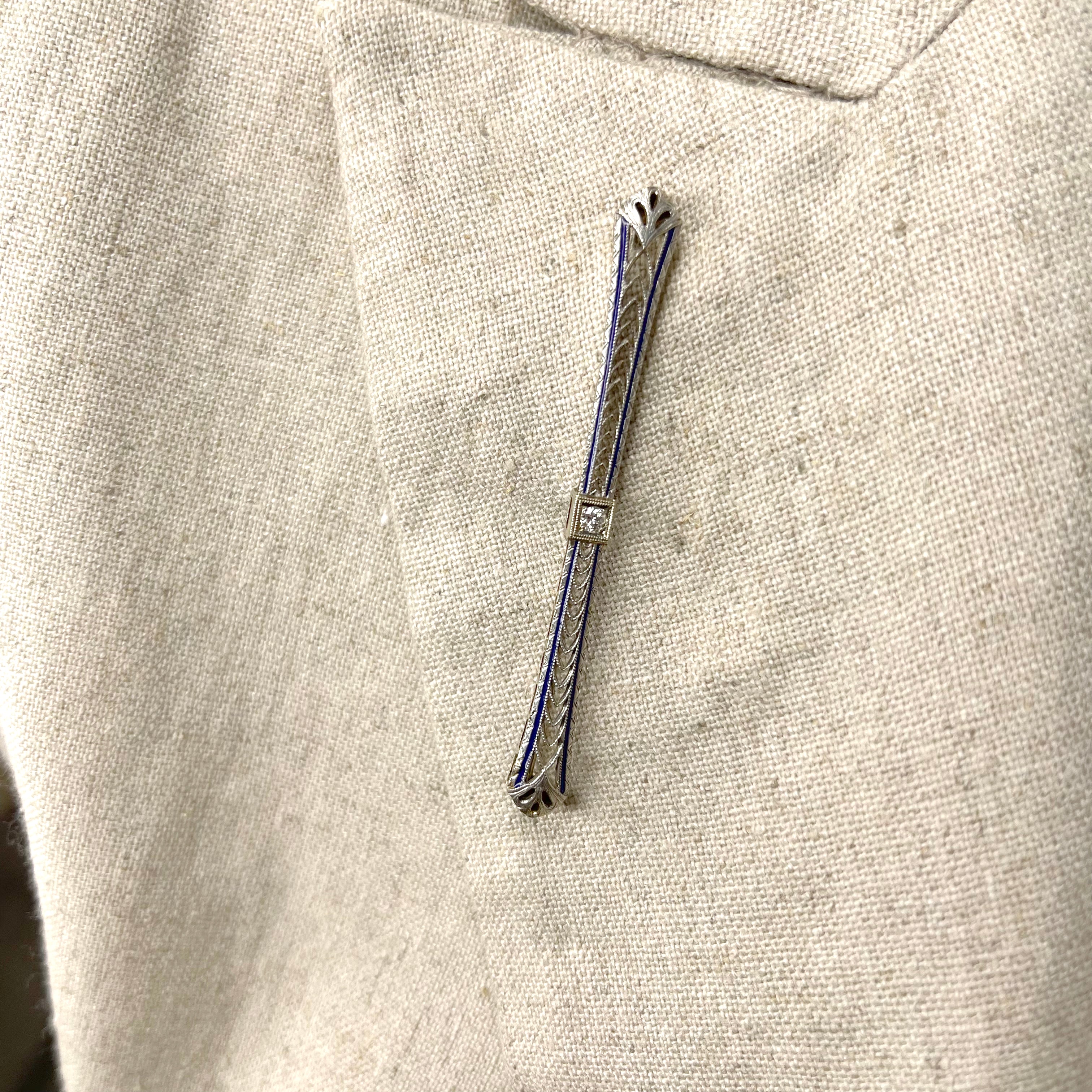 Art Deco 14K White Gold & Platinum Blue Enamel Old European Diamond Bar Brooch