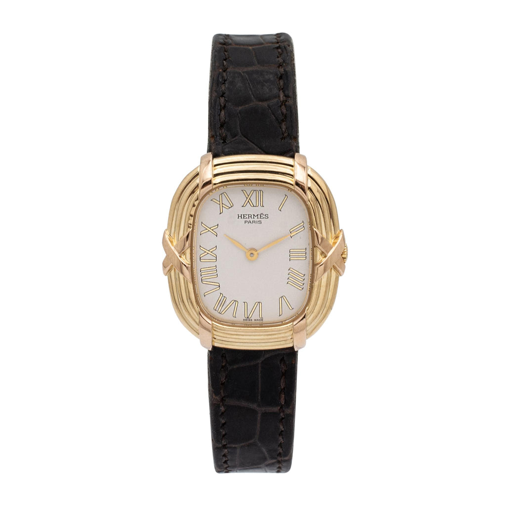 Vintage Hermes Paris Horloger 0732 24MM Quartz 18K Yellow Gold Watch