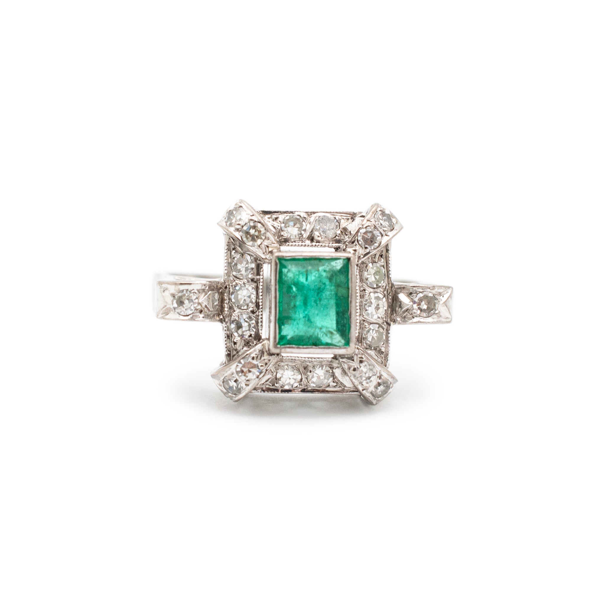 Antique Mixed Metals Gold Silver Palladium Emerald Halo Diamond Cocktail Ring