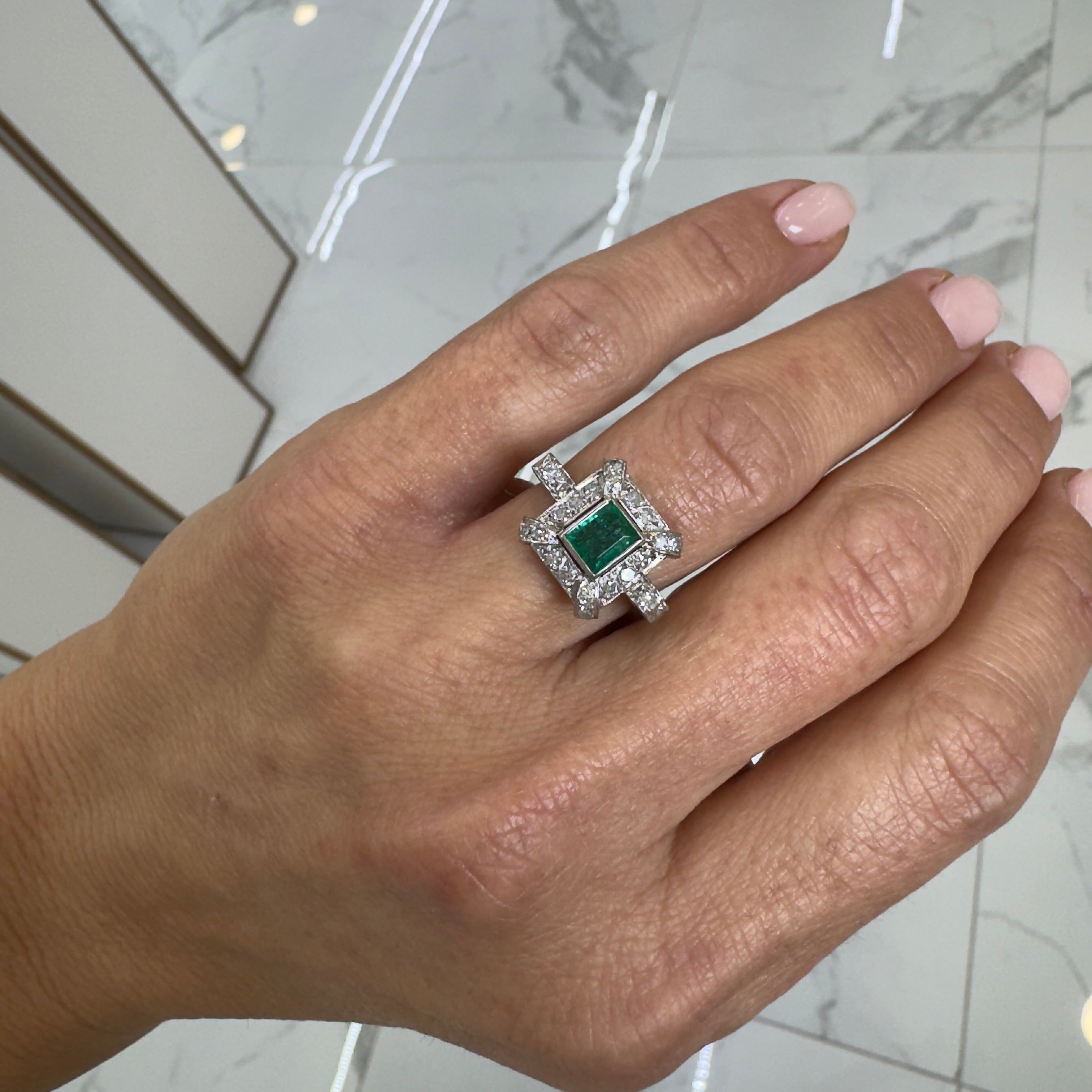 Antique Mixed Metals Gold Silver Palladium Emerald Halo Diamond Cocktail Ring