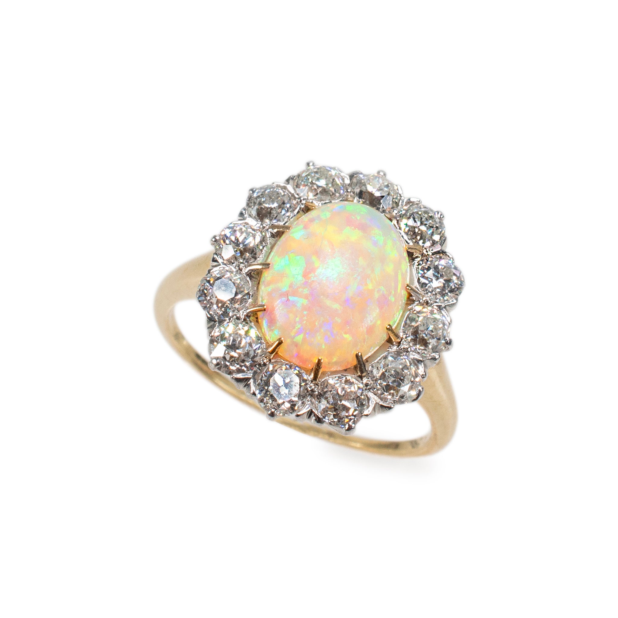 Antique 18K Yellow Gold & Platinum GIA Opal Old Miner Cut Diamond Cocktail Ring