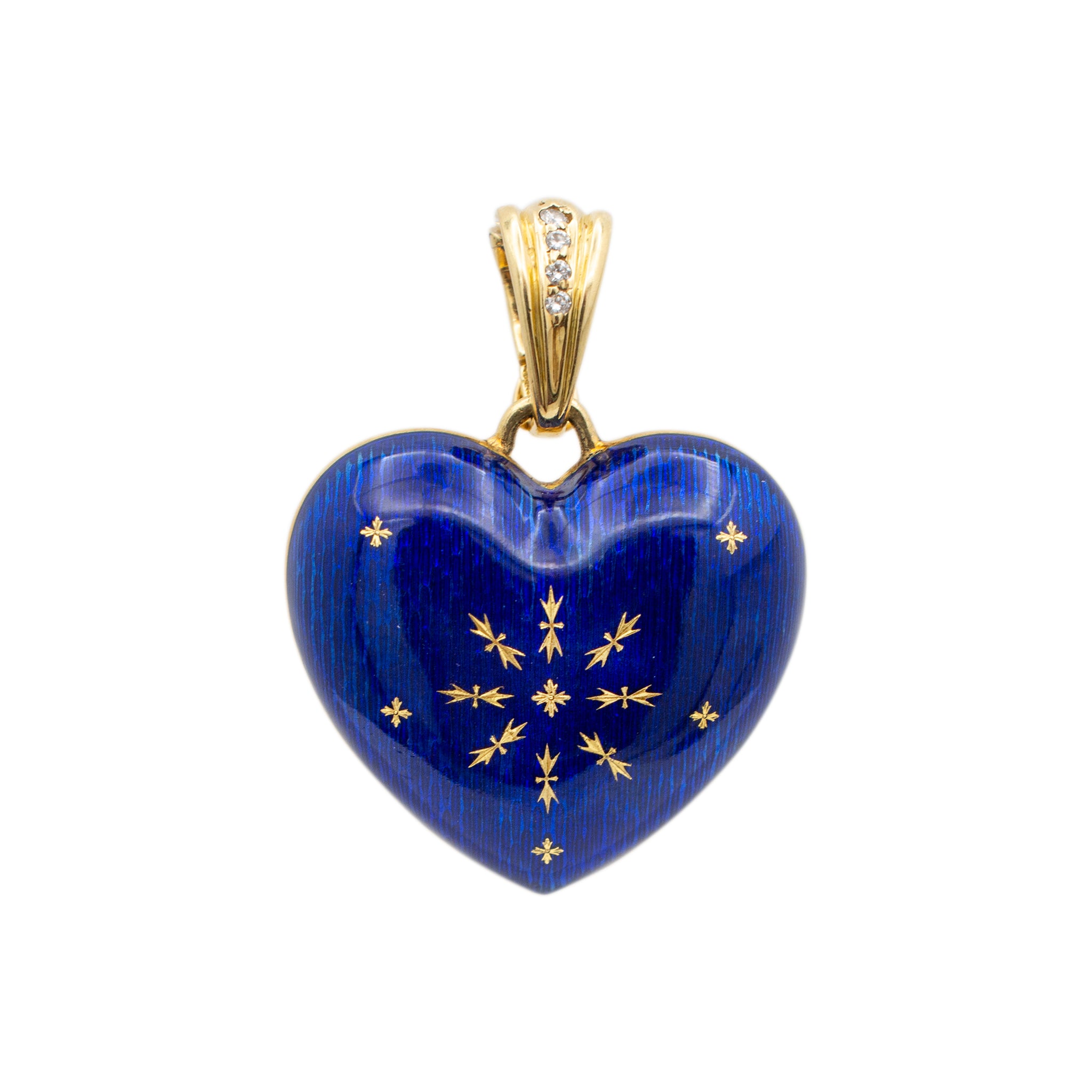 Vintage Faberge Victor Mayer 18K Yellow Gold Blue Enamel Diamond Heart Pendant