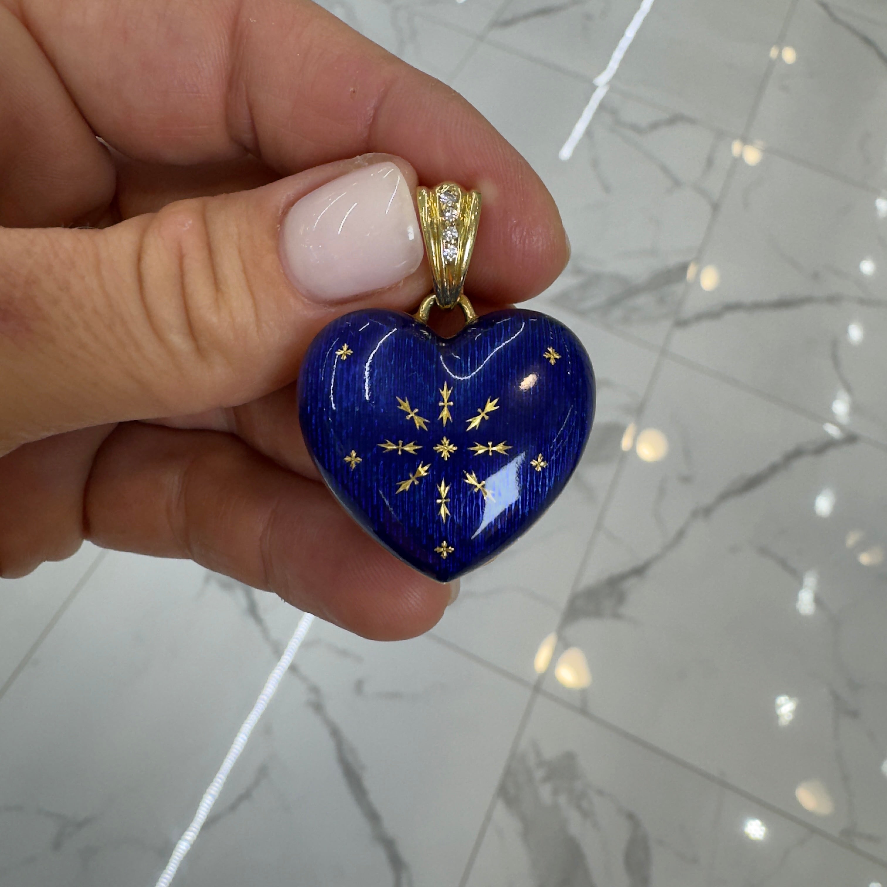 Vintage Faberge Victor Mayer 18K Yellow Gold Blue Enamel Diamond Heart Pendant
