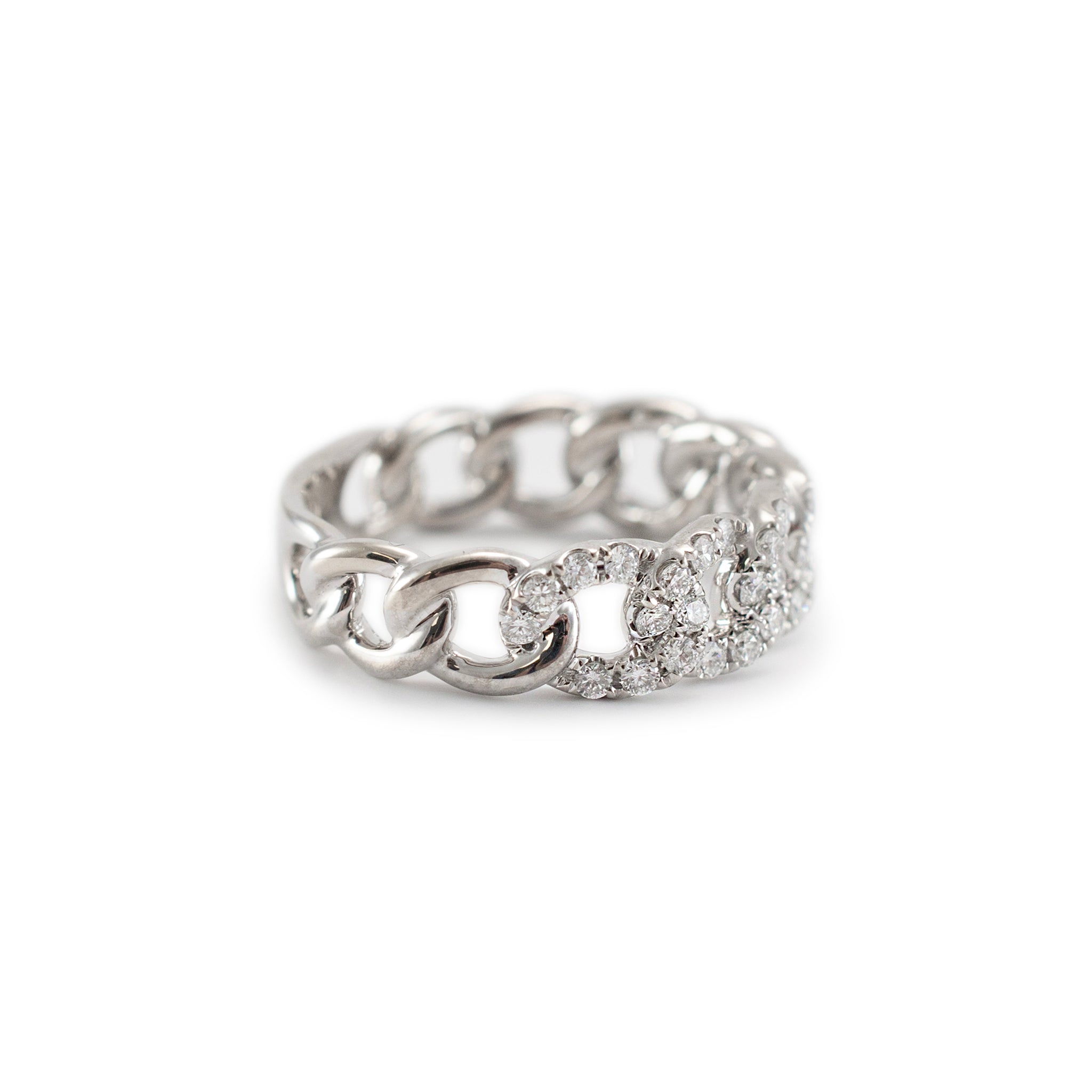 18K White Gold Cuban Link Diamond Band Ring