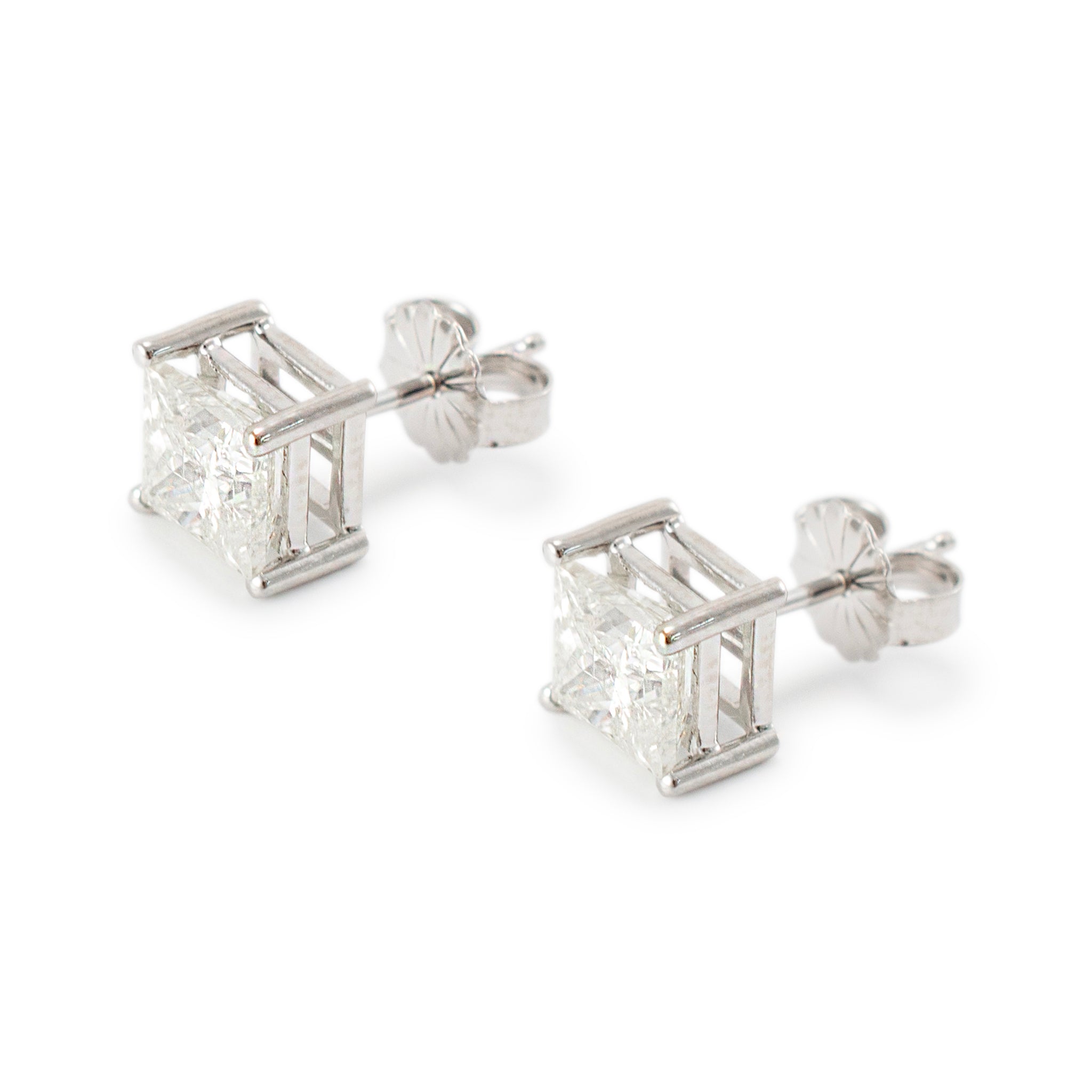 14K White Gold 2.20ct Princess Cut Diamond Push Back Stud Earrings