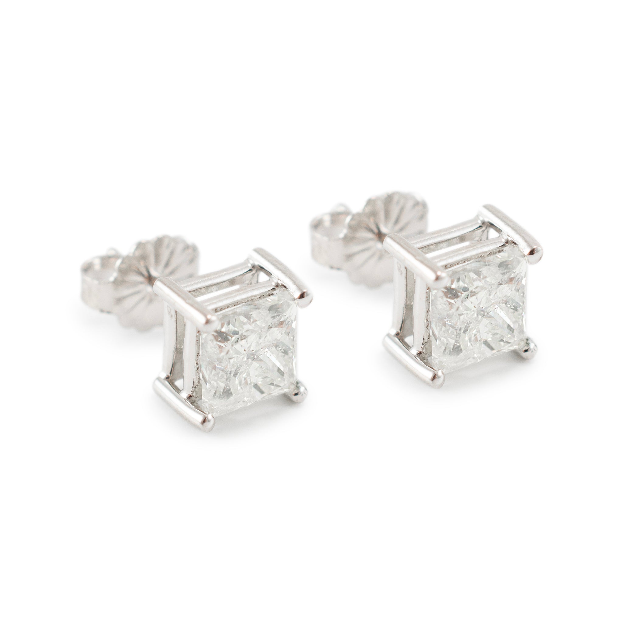 14K White Gold 2.20ct Princess Cut Diamond Push Back Stud Earrings