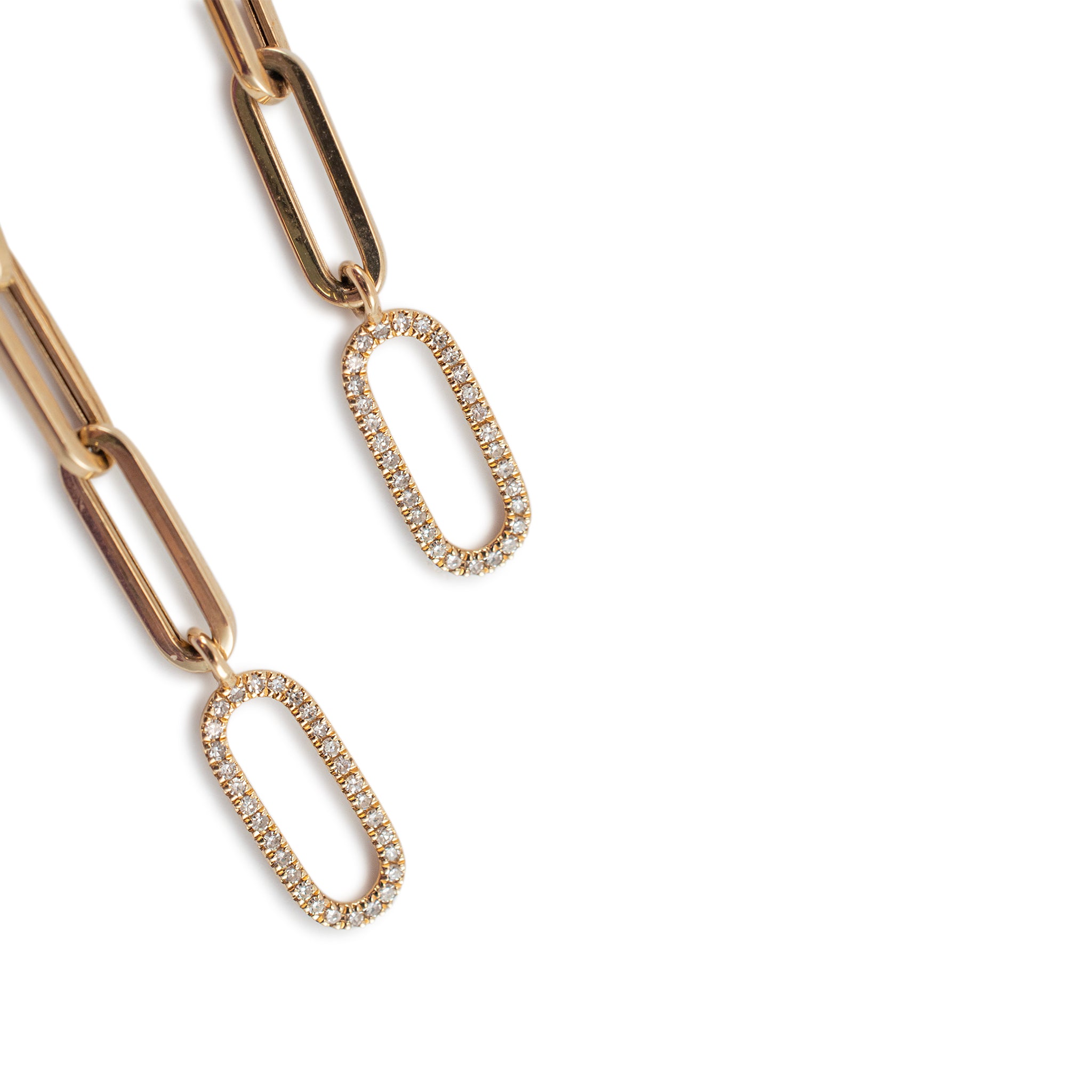 Ladies 14K Yellow Gold Oval Link Paper Clip Diamond Drop Dangle Earrings