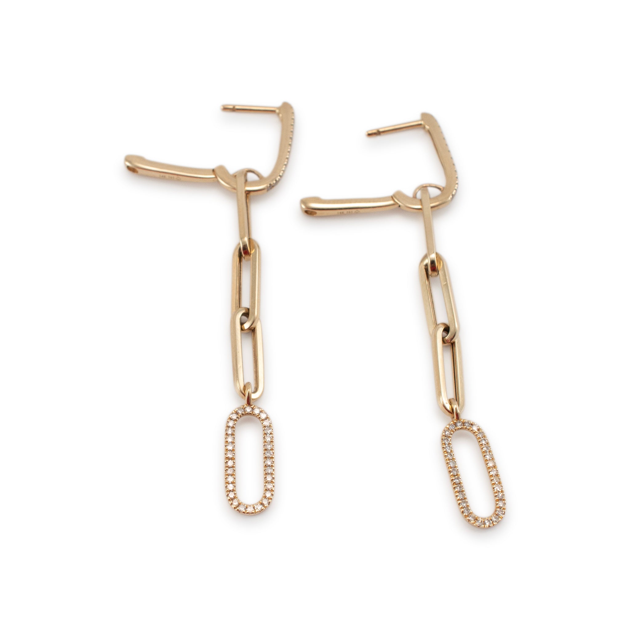 Ladies 14K Yellow Gold Oval Link Paper Clip Diamond Drop Dangle Earrings