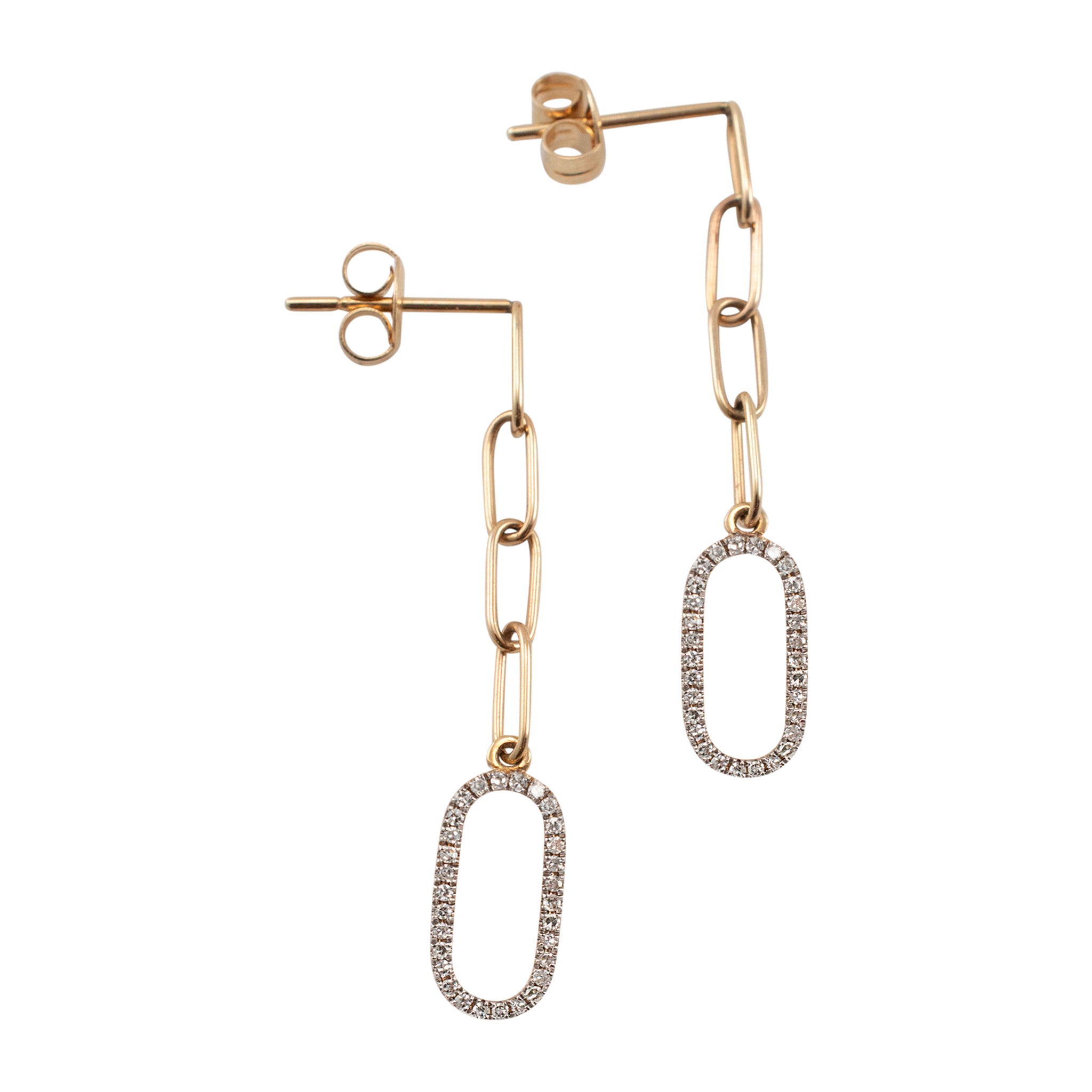 Ladies 14K Yellow Gold Oval Link Paper Clip Pave Diamond Dangle Earrings