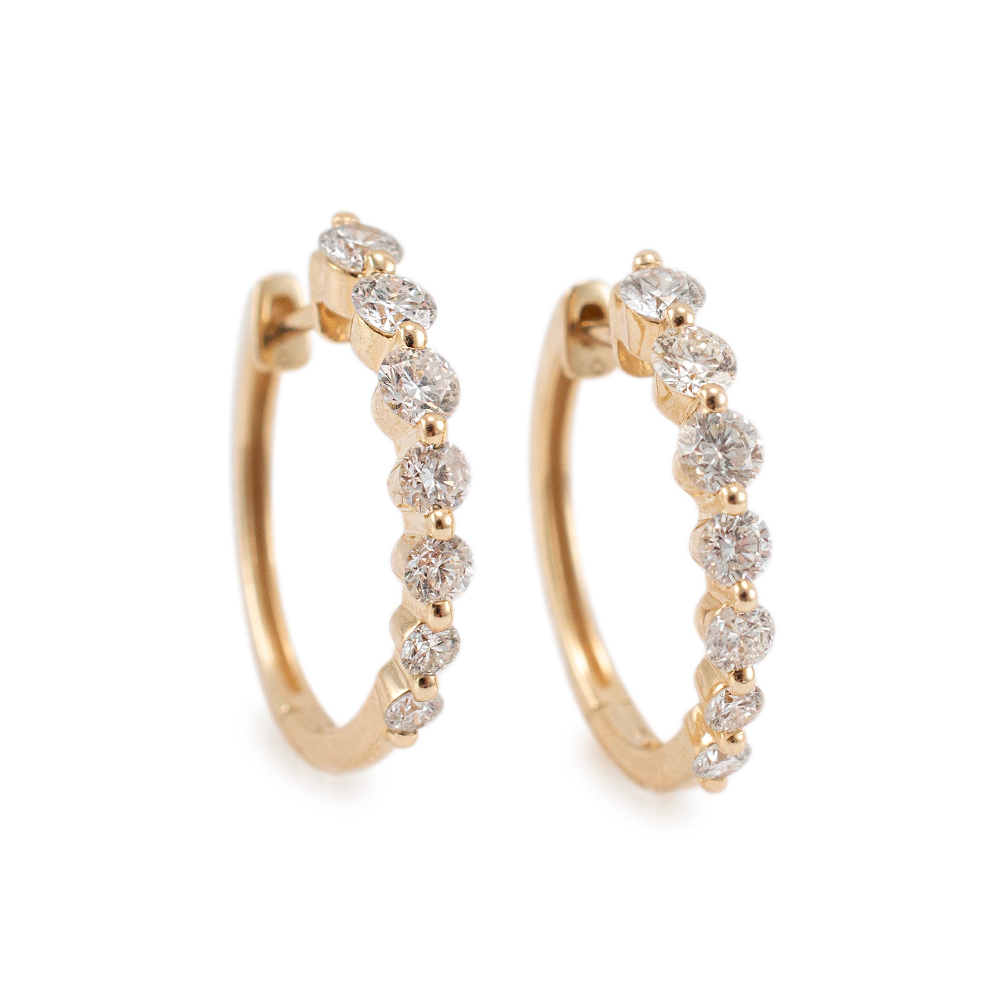 Ladies 14K Yellow Gold Half Eternity Graduated Diamond Mini Hoop Earrings