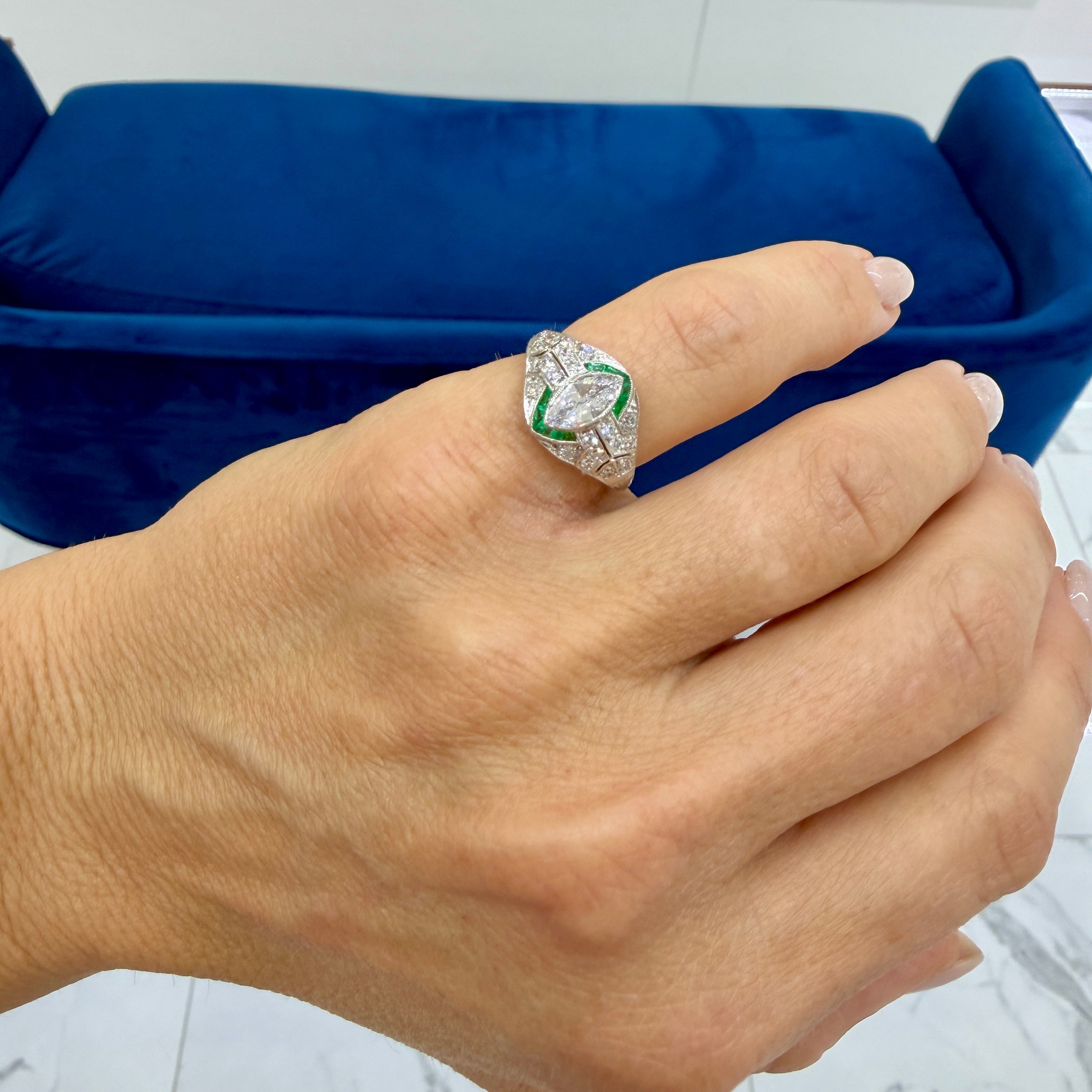 Antique Art Deco Platinum 0.97ctw Marquise Diamond Halo Emerald Engagement Ring