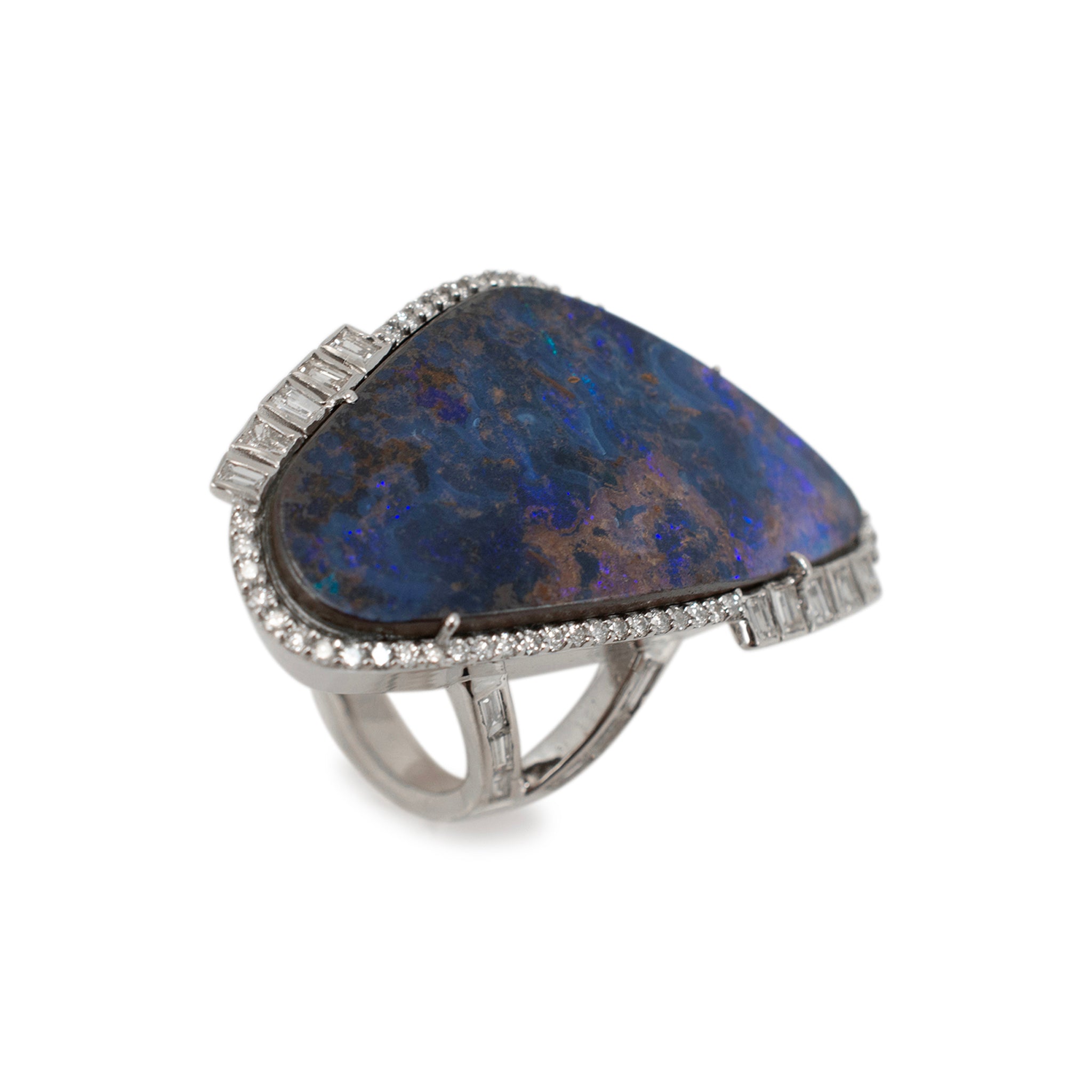 Vintage 18K White Gold Blue Opal Doublet Halo Diamond Cocktail Ring