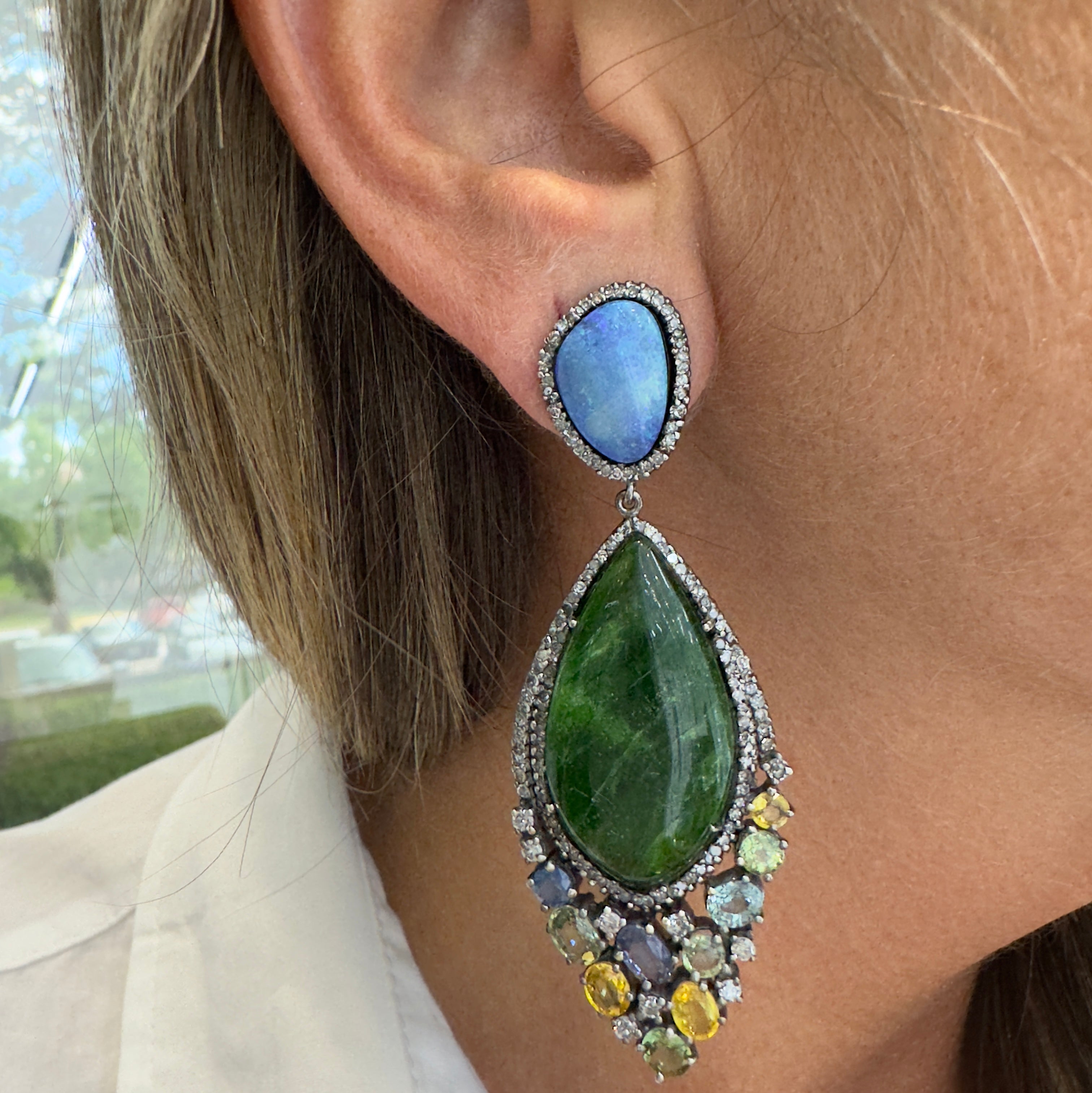 Vintage Silver Tourmaline Opal Multi Color Sapphire & Diamond Drop Earrings