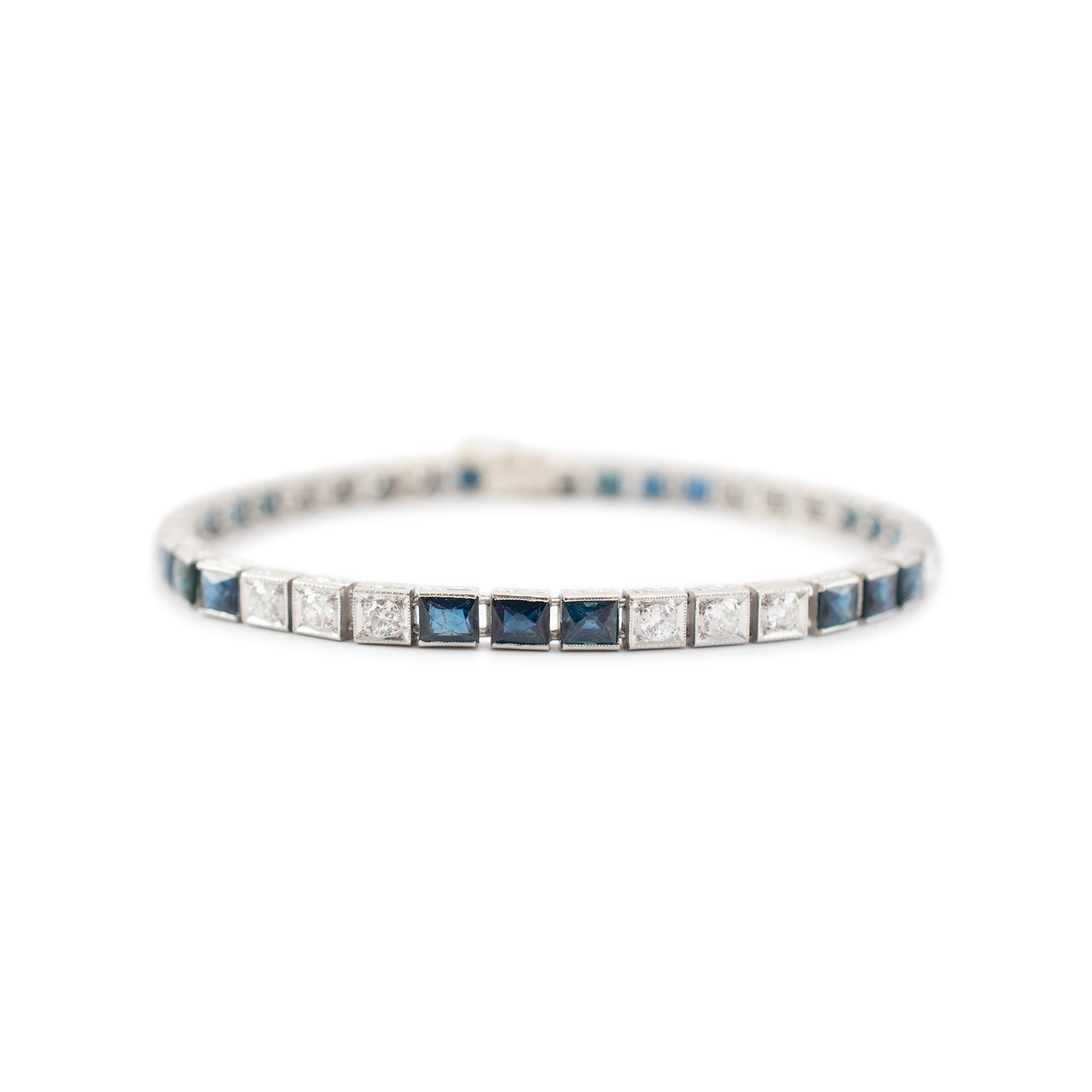 Antique Art Deco Platinum Old European Diamond & Sapphire Tennis Bracelet