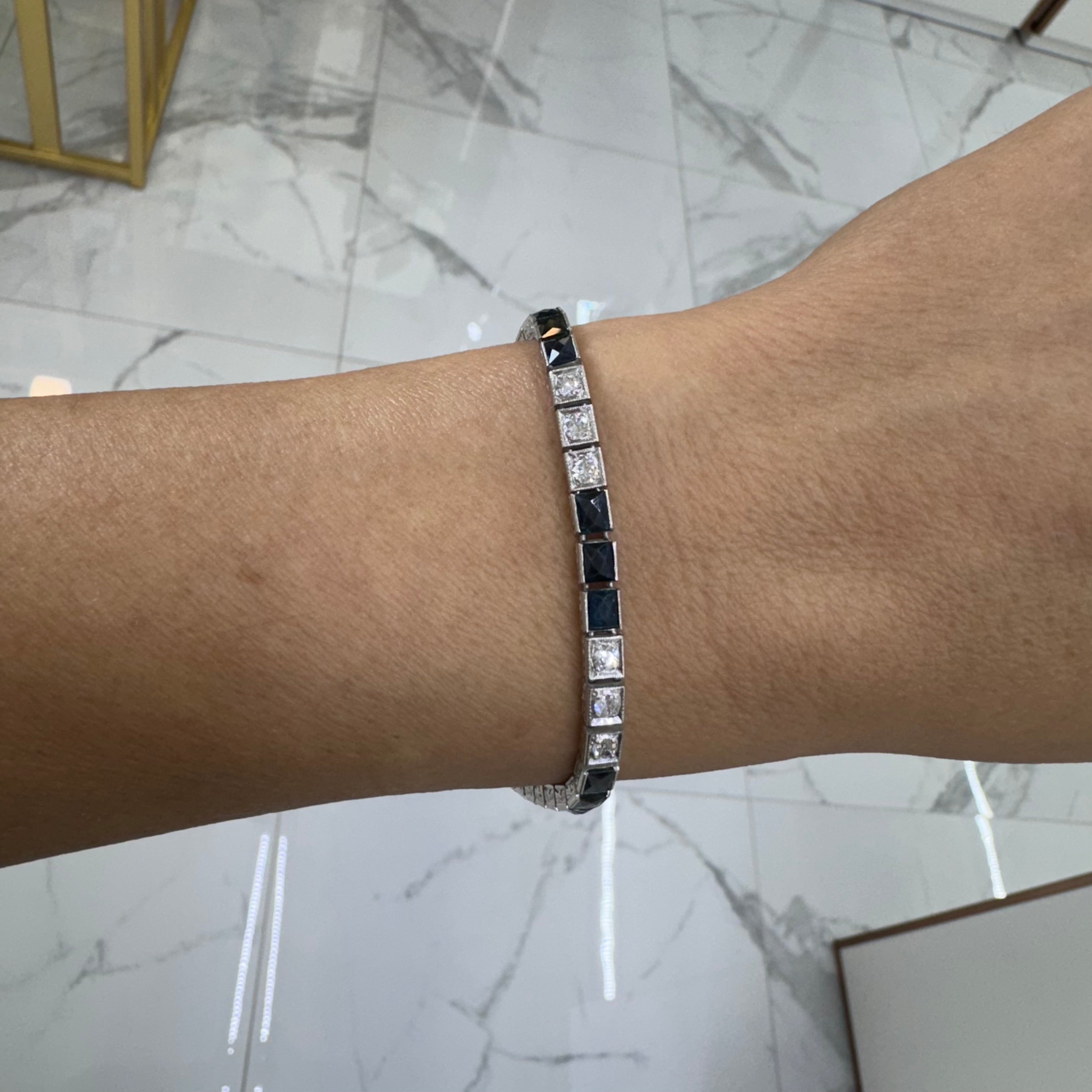 Antique Art Deco Platinum Old European Diamond & Sapphire Tennis Bracelet
