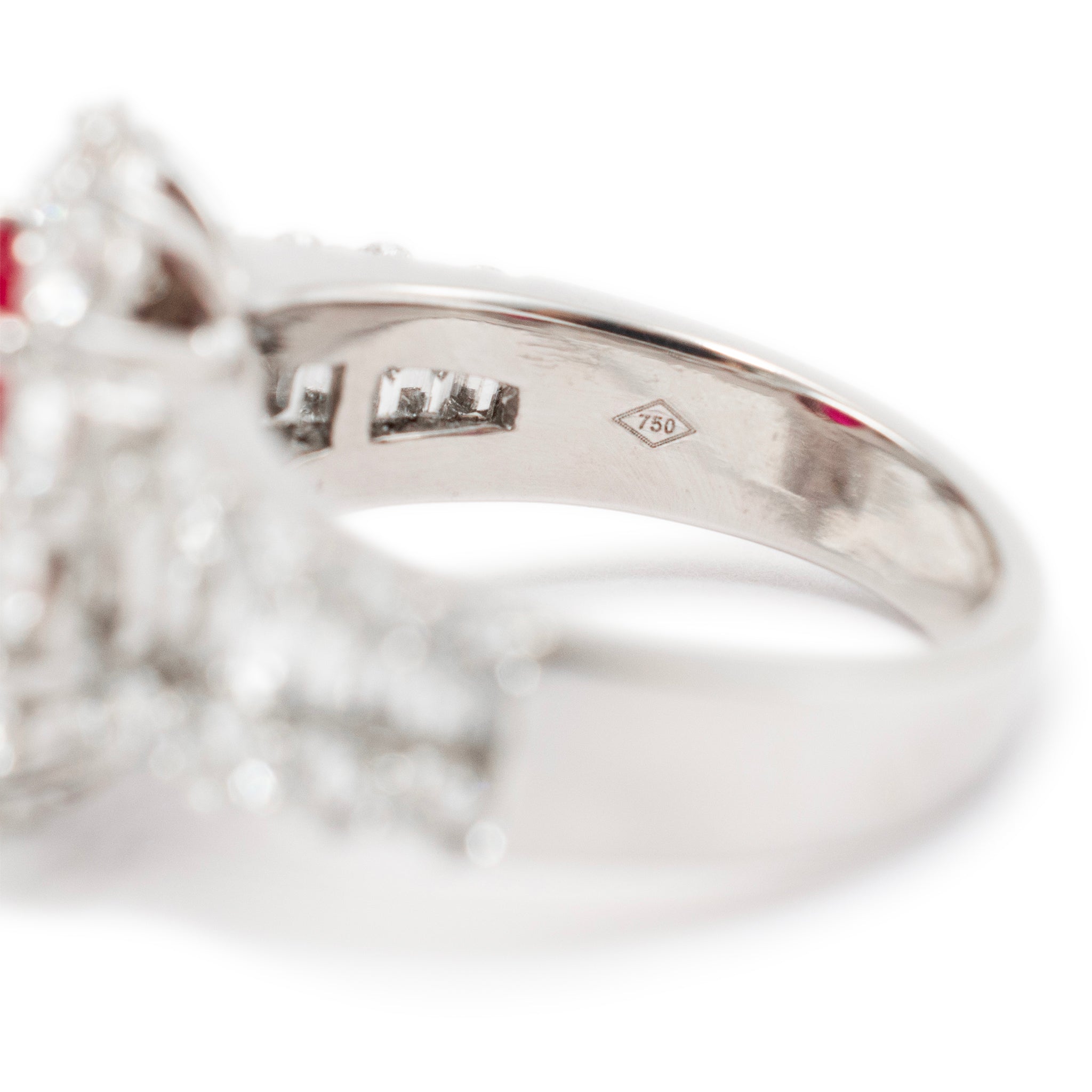 Ladies 18K White Gold Ruby Halo Accented Diamond Cocktail Ring