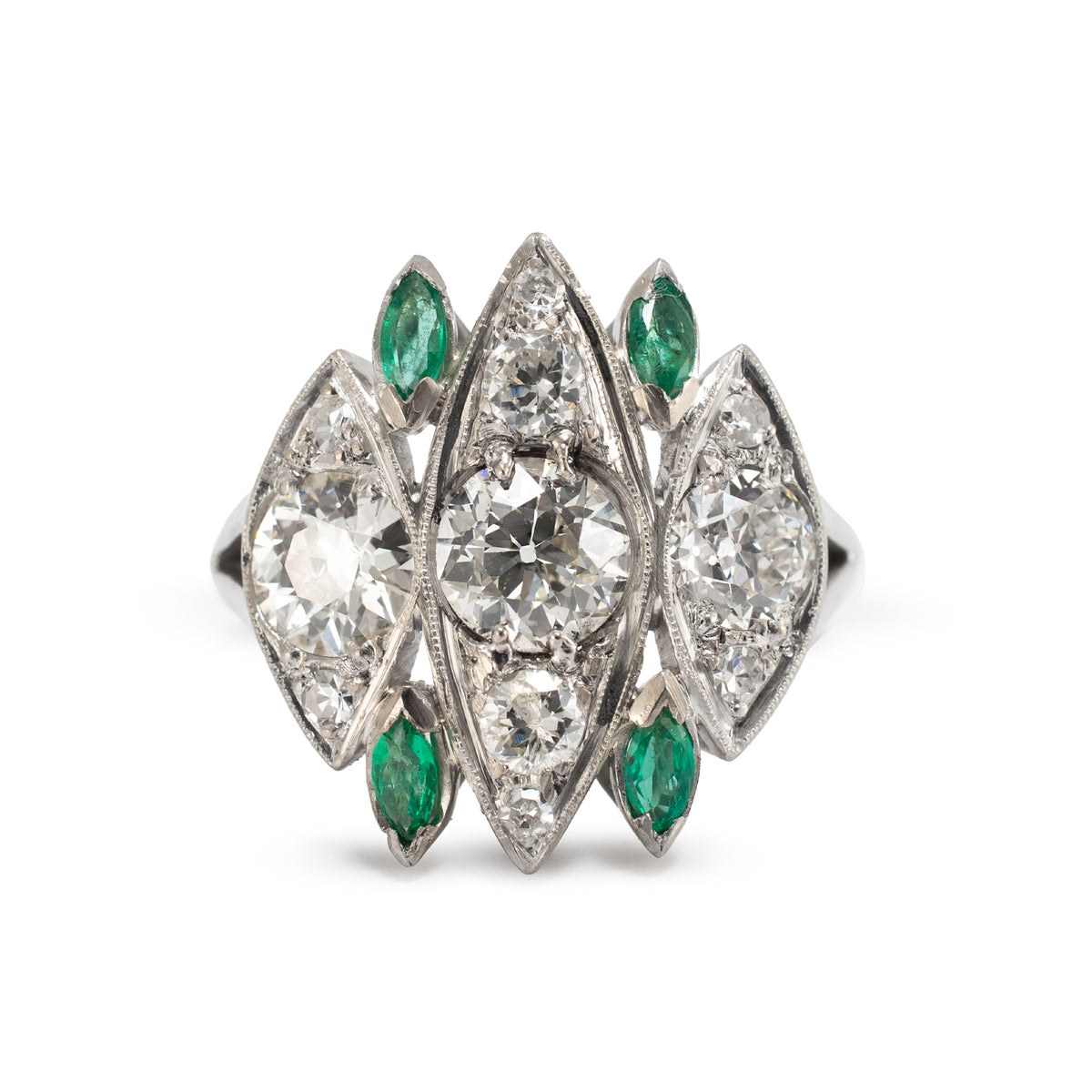 Antique Art Deco Platinum Ctw Old Cut Diamond & Emerald Dinner Cocktail Ring