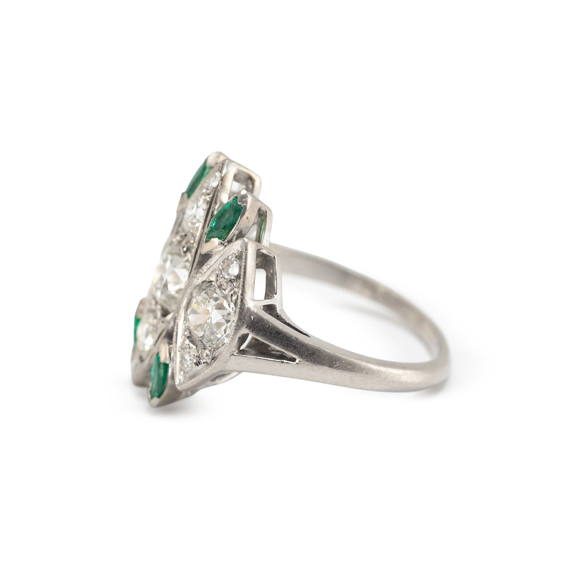 Antique Art Deco Platinum Ctw Old Cut Diamond & Emerald Dinner Cocktail Ring