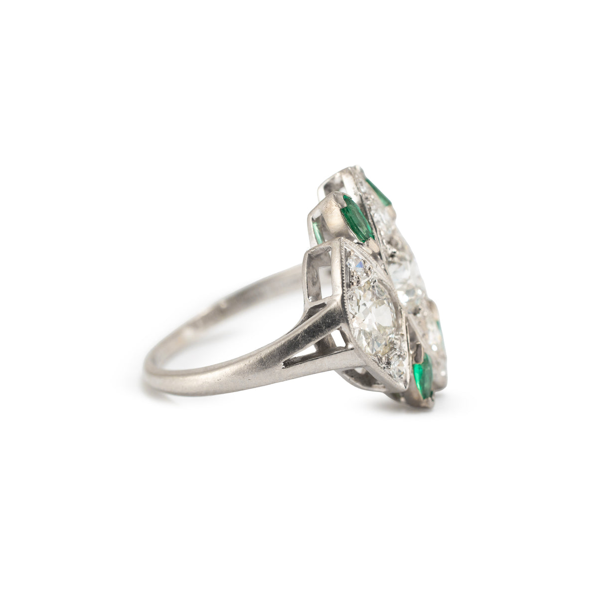 Antique Art Deco Platinum Ctw Old Cut Diamond & Emerald Dinner Cocktail Ring