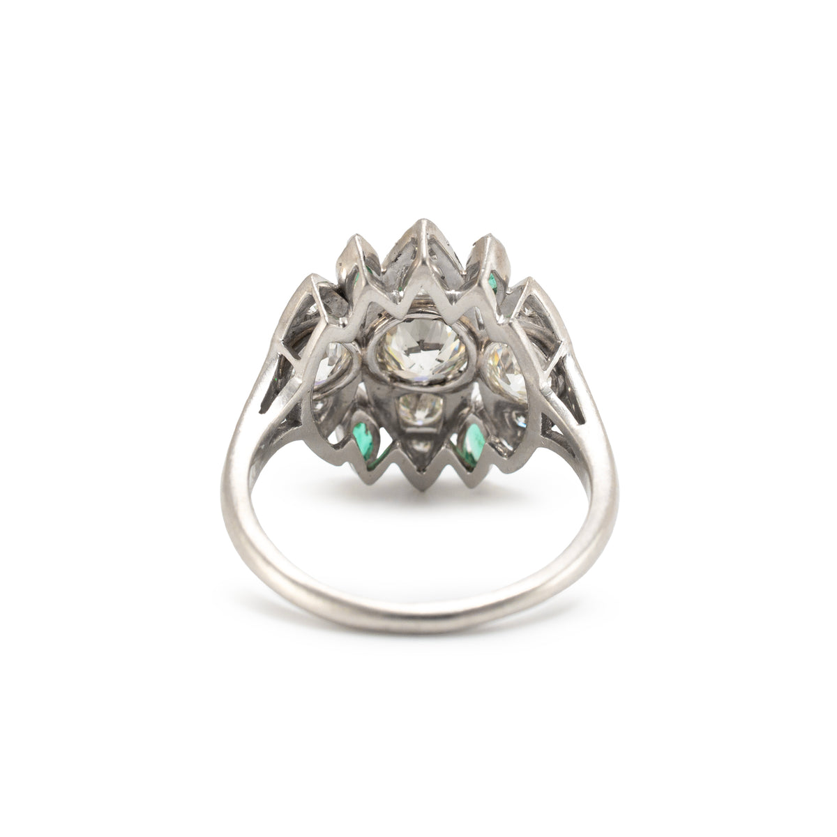 Antique Art Deco Platinum Ctw Old Cut Diamond & Emerald Dinner Cocktail Ring